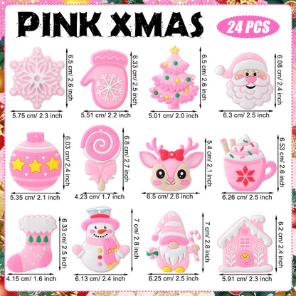 Lunmon 24 Pcs Pink Christmas Ornaments PVC Pastel Ornaments for Christmas Tree Santa Claus Gingerbread House Gnomes Xmas Baubles Winter Decorations for Xmas Tree Party Holiday Decor