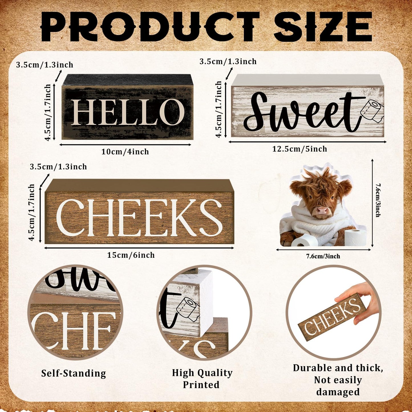 Moucuny 4 Pcs Bathroom Shelf Decor Highland Cow Farmhouse Bathroom Decor and Accessories Rustic Eucalyptus Leaves Hello Sweet Cheeks Highland Cow Sign Western Table Centerpiece for Home Office Toilet