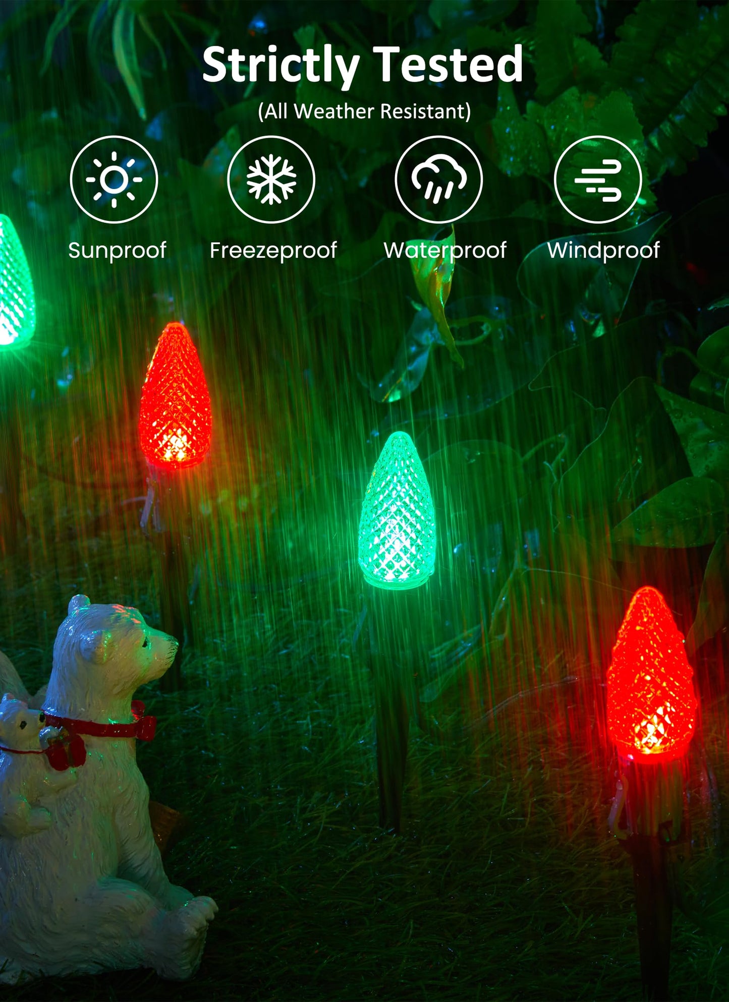 C9 LED Christmas Lights Outdoor with stakes, 25.7ft 20 LED Strawberry String Lights, Connectable Shatterproof Pathway Lights Marker for Path, Lane, Patio, Xmas Holiday Decorations, Red and Green