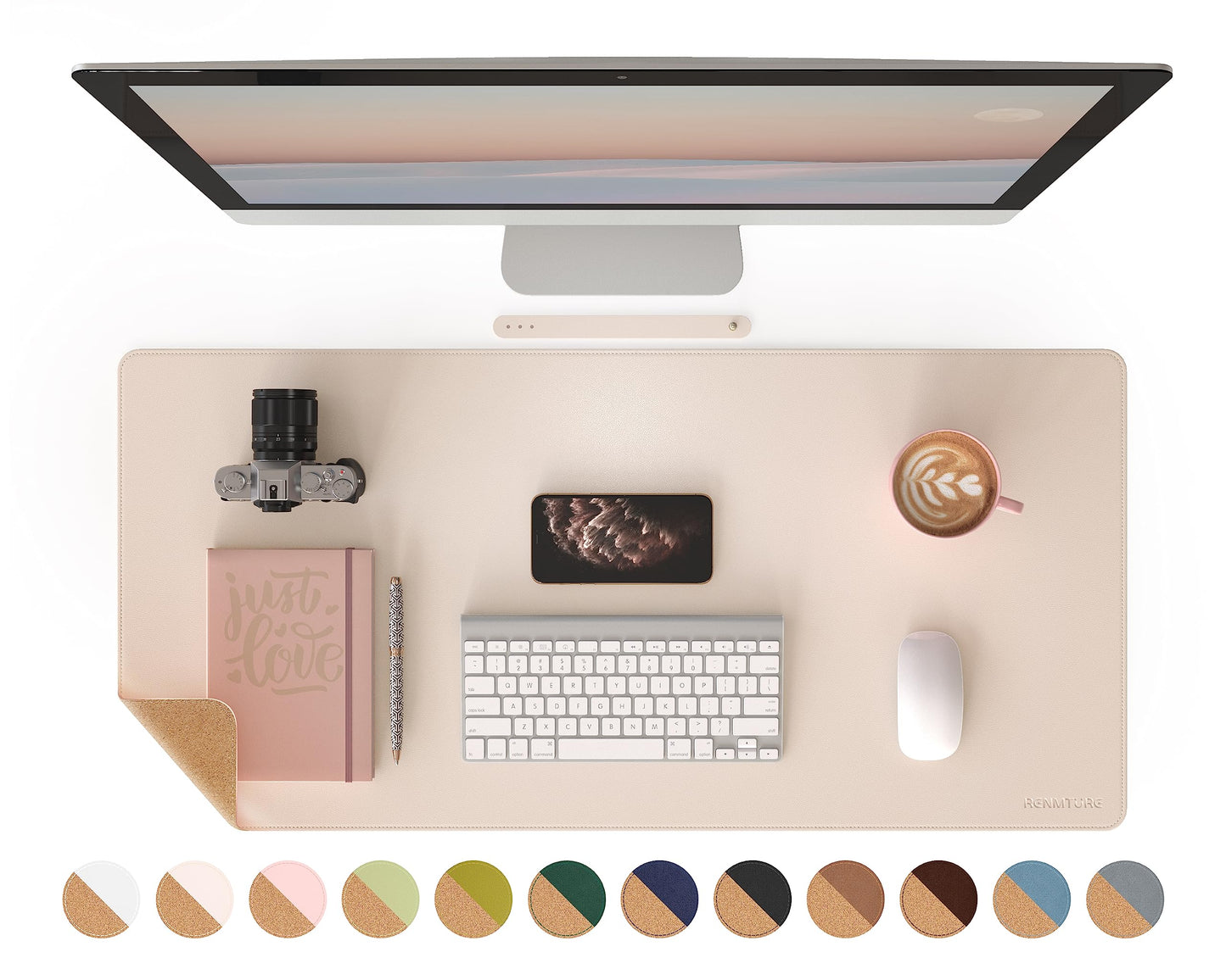RENMTURE Dual-Sided Mouse Pad, Natural Cork & PU Leather Large Desk Pad for Office and Home Work, Desk Protector Non-Slip, Waterproof, Easy Clean (Apricot, 36"x17")