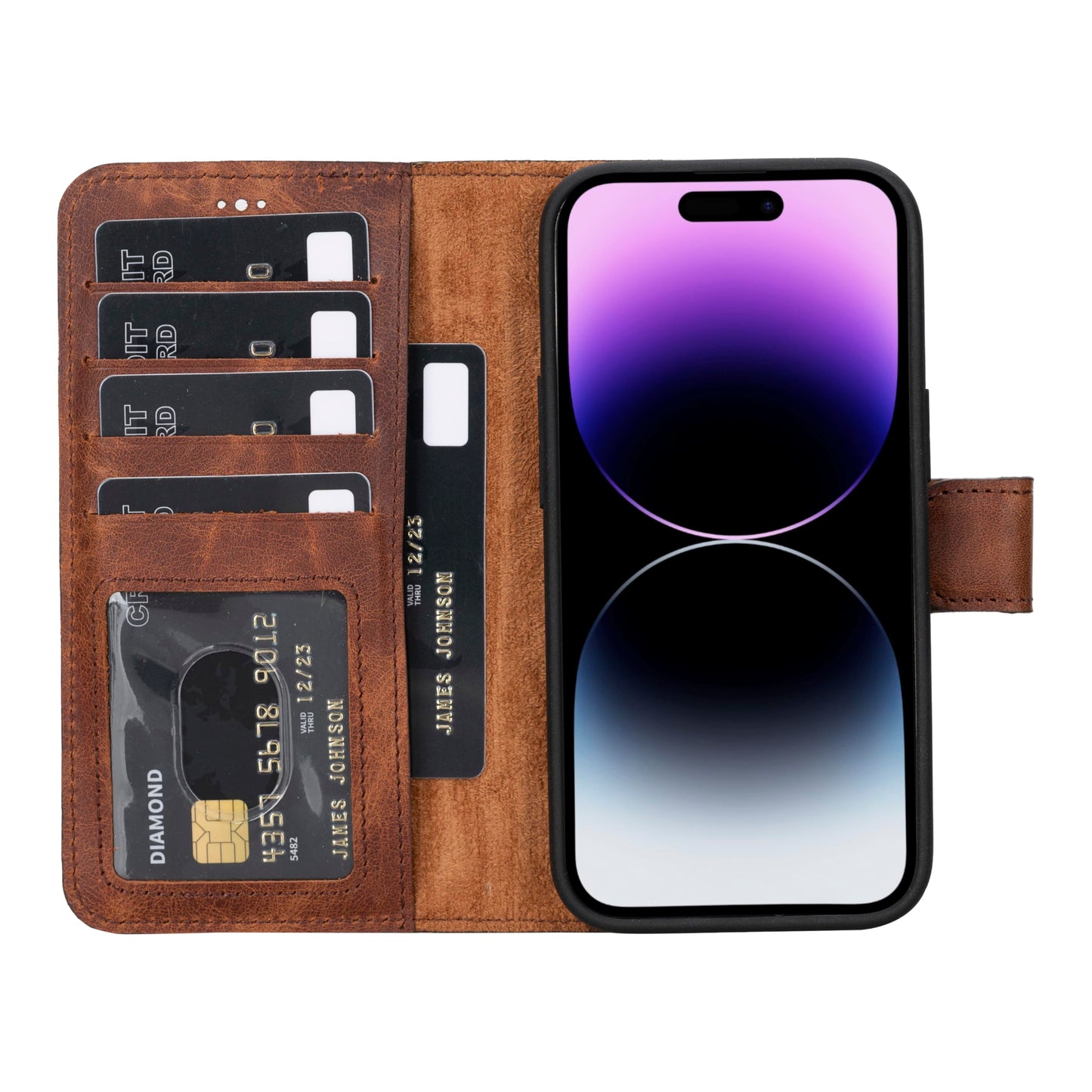 HARDISTON Genuine Leather Handmade Wallet Case Compatible with iPhone 15 - MagSafe Compatible - Detachable Strong Magnetic Flip Cover with Card Holders - Horizontal Kickstand (Brown)