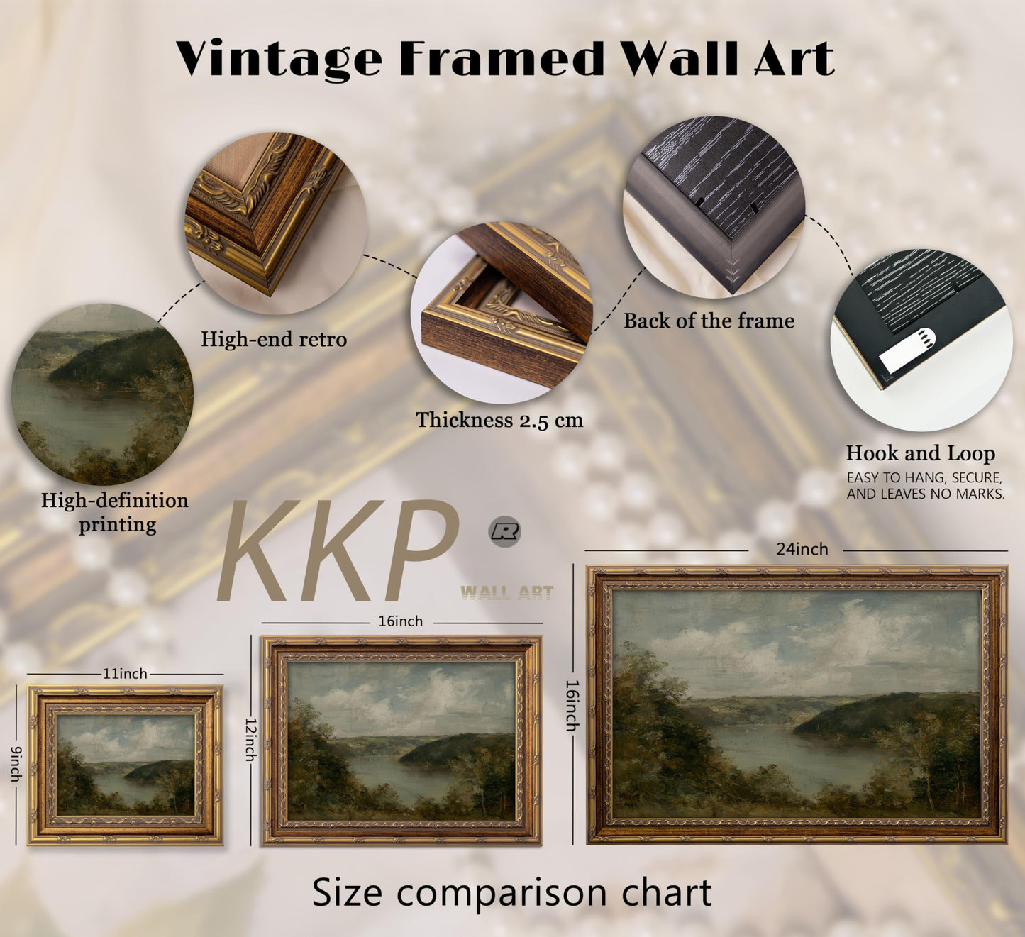 KKP Vintage Gold Framed Lake Wall Art, Gloomy River Painting Canvas Prints