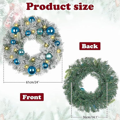 24 inch Christmas Wreath,Winter Pine Wreaths with Blue Ball LED Lights for Front Door for Fireplace Xmas Decorations, Wall Window Indoor Outdoor Decor