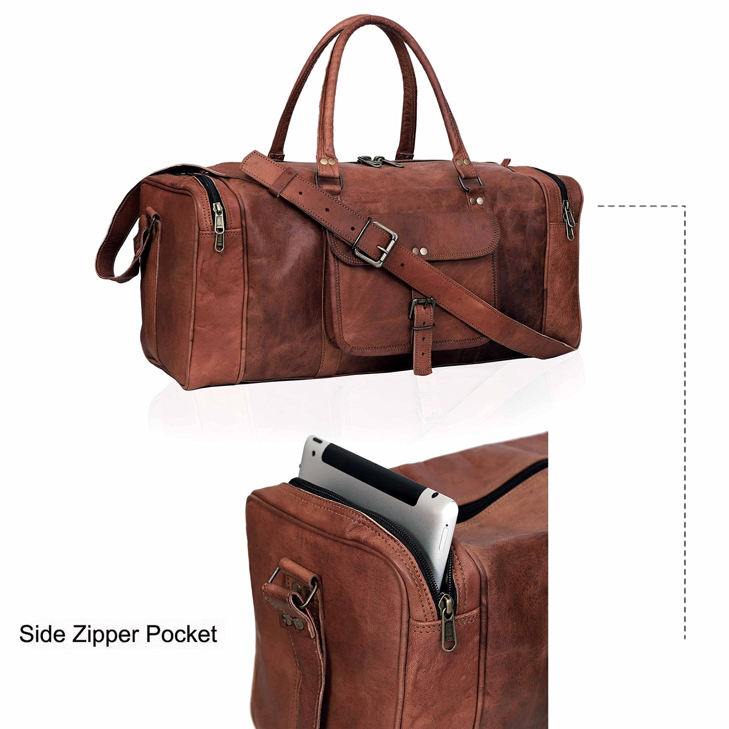 24 Inch Large Leather Duffel Travel Duffle Gym Sports Overnight Weekender Bag (brown)
