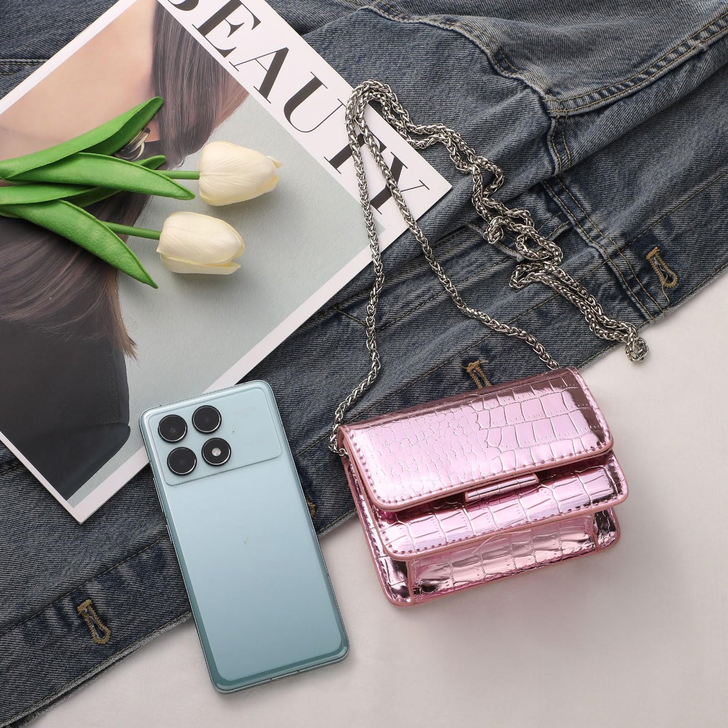 Sightor Silver Mini Crossbody Bag for Women, PU Leather Small Evening Purse, Dressy Clutch Handbag for Nightclub Parties (Pink)