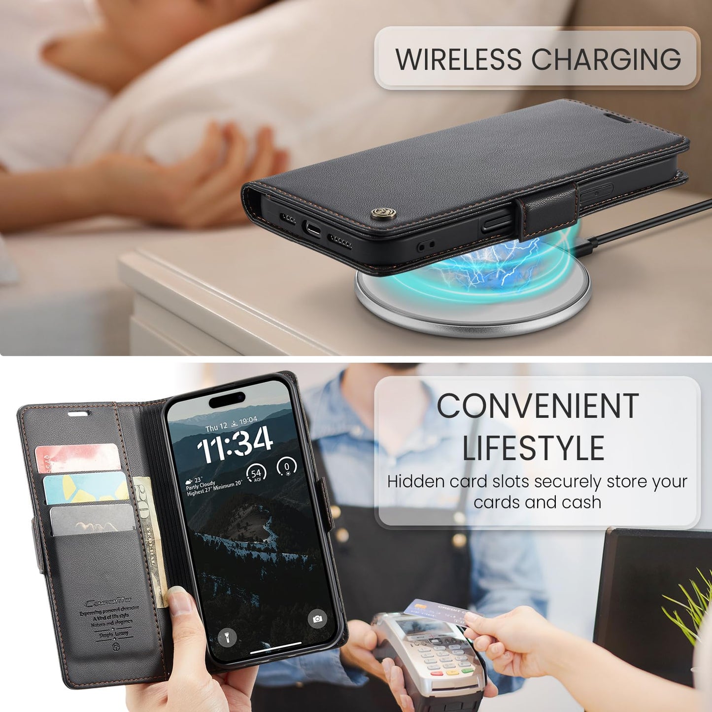 SINIANL Leather for iPhone 17 Pro Max Case Wallet, PU Leather Wallet Case Flip Folio RFID Blocking Card Holder Stand Phone Cover for iPhone 17 Pro Max, Black