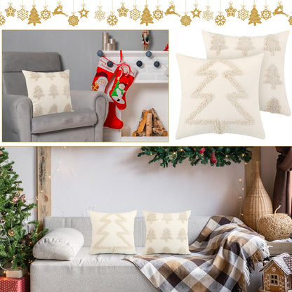 Beeveer 2 Pcs Beige Christmas Pillow Covers 18 x 18 Inch Decorative Boho Farmhouse Pillowcase White Tufted Tree Christmas Pillow Cases for Couch Sofa Holiday Bedroom Living Room Home Present