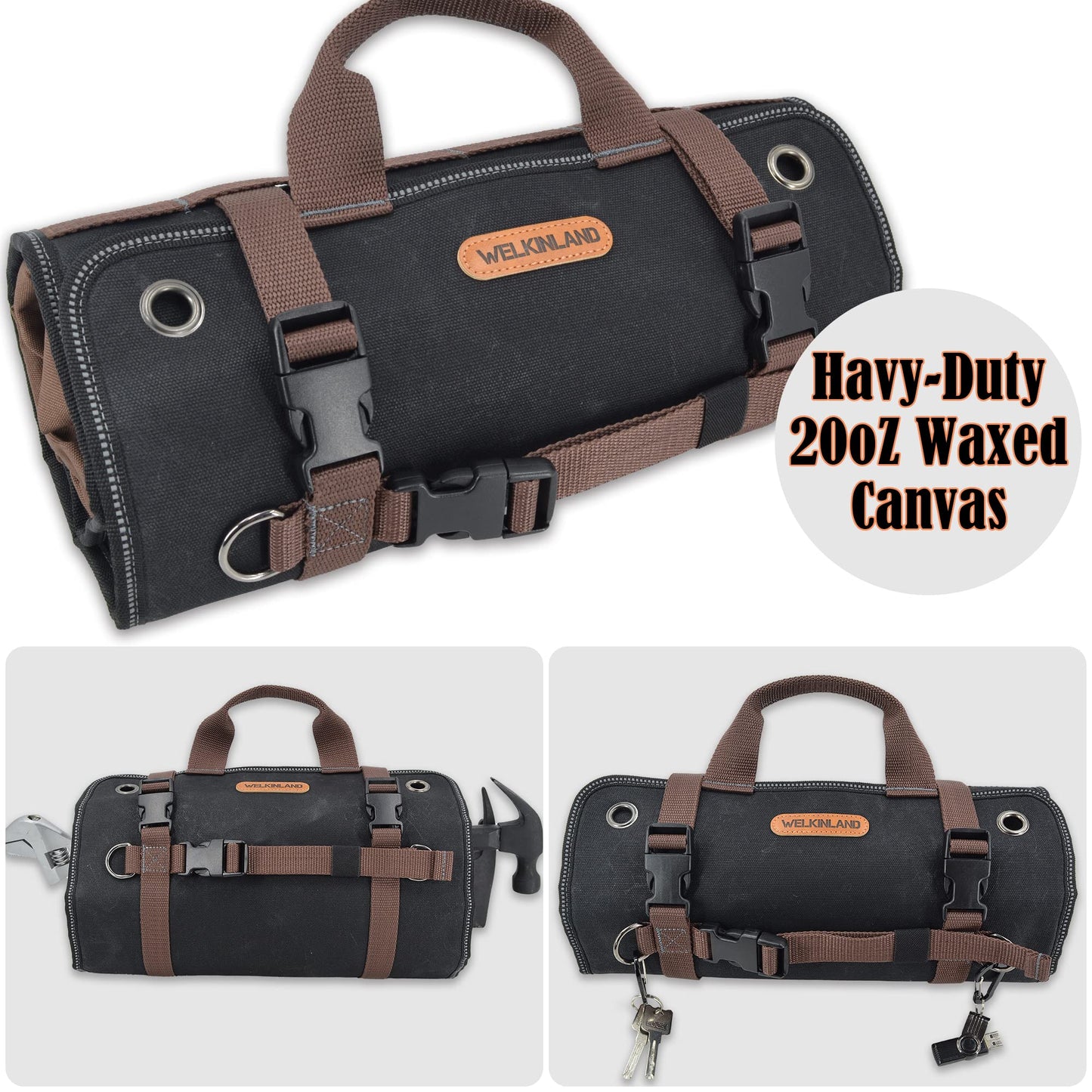 WELKINLAND Heavy-Duty Waxed Canvas Tool roll, 15-Pockets Tool Wrap Roll, 15L Tool Up Roll Bags, Tool Bag Roll, Tool roll organizer, Roll up tool bag organizer