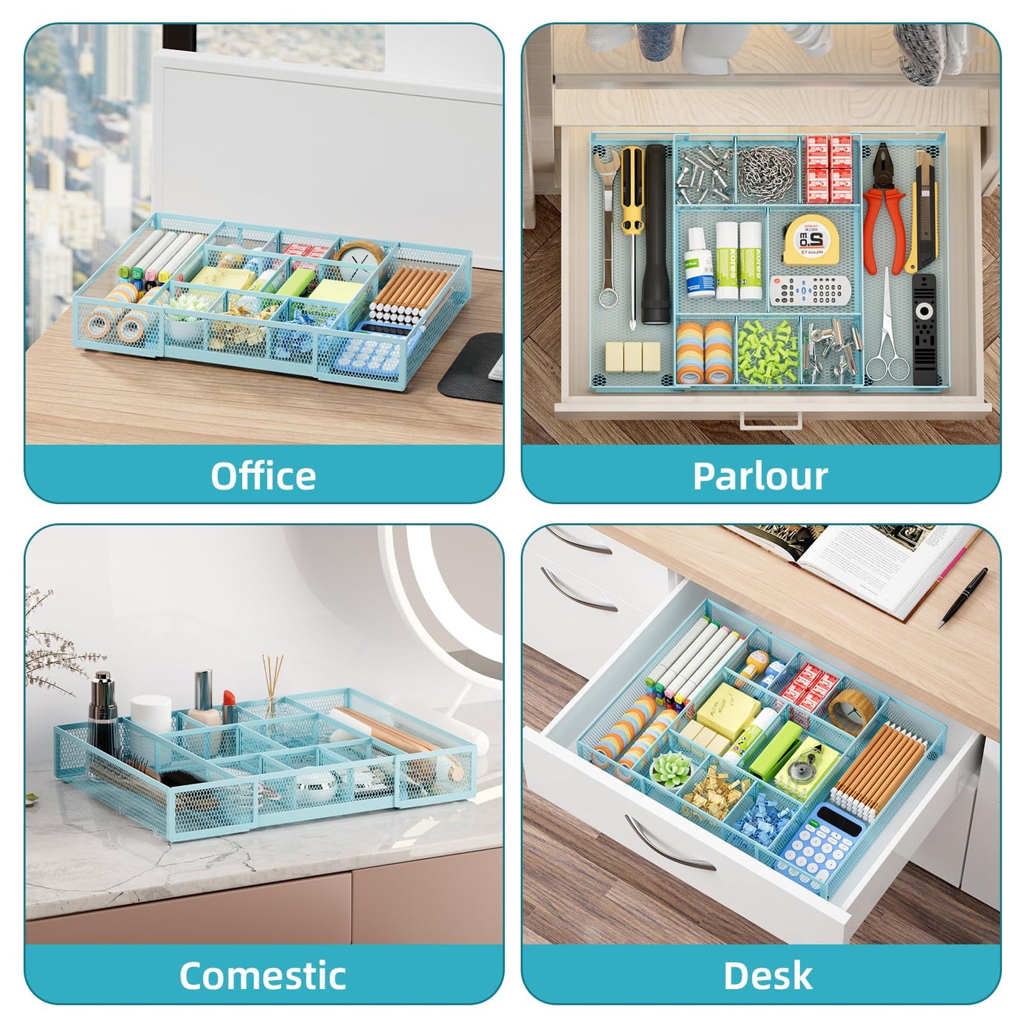 Marbrasse Expandable Desk Drawer Organizer, Mesh Drawer Organizer Tray with 10 Adjustable Compartments, Desk Organizers and Accessories for Office Supplies, Makeup & Vanity (Expandable-Blue)