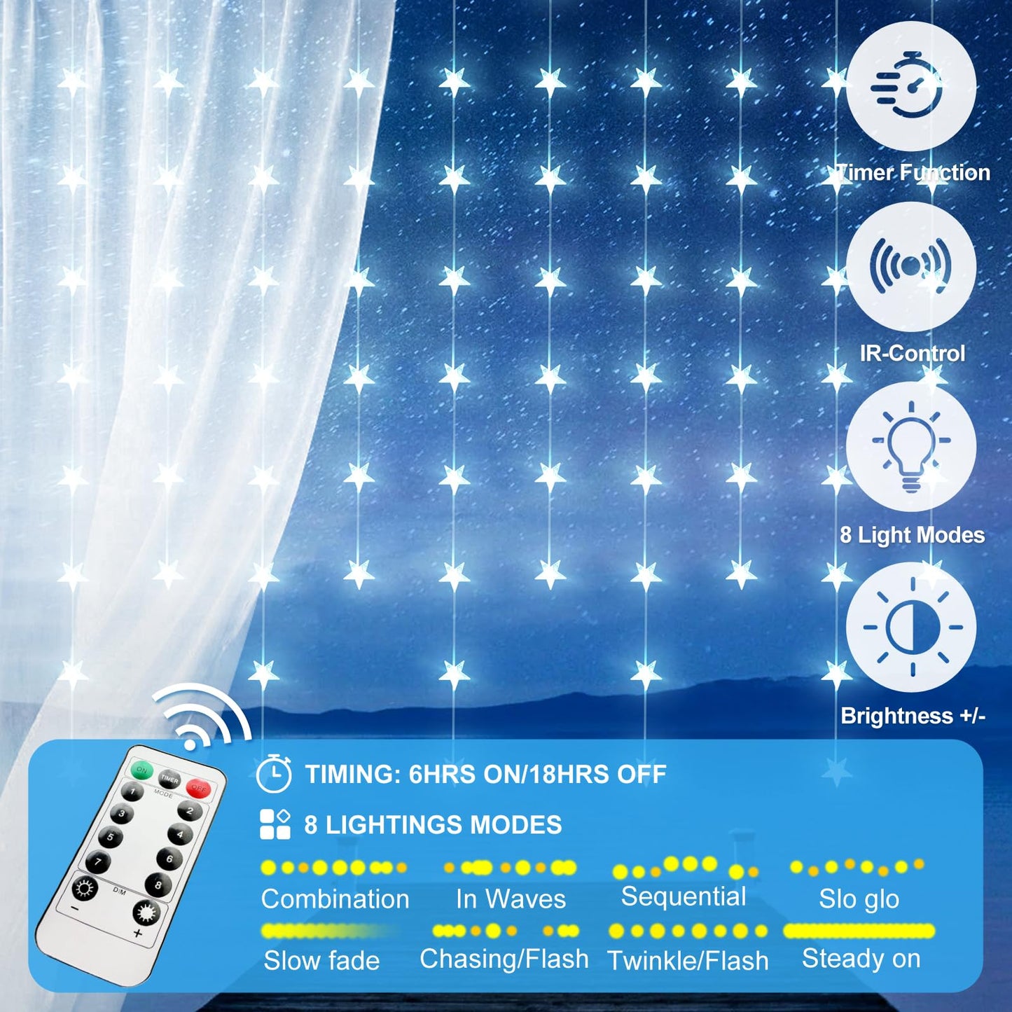 Star Curtain Lights Hanging Star Lights for Window 70 Stars String Light for Wall Décor USB Plug in 8 Modes Twinkle Fairy Lights for Christmas, Bedroom, Indoor, Outdoor, Weddings, Party (Cold White)