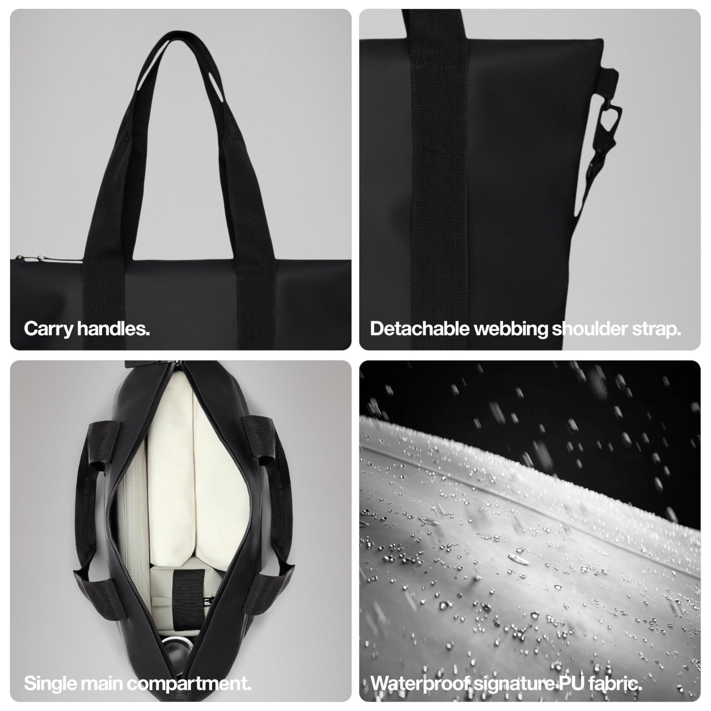 RAINS Tote Bag - Black Waterproof With Zip Closure, Detachable Shoulder Strap, Internal Zip Pocket, 23 L Capacity for Work for Women and for Men - 2-Year Warranty