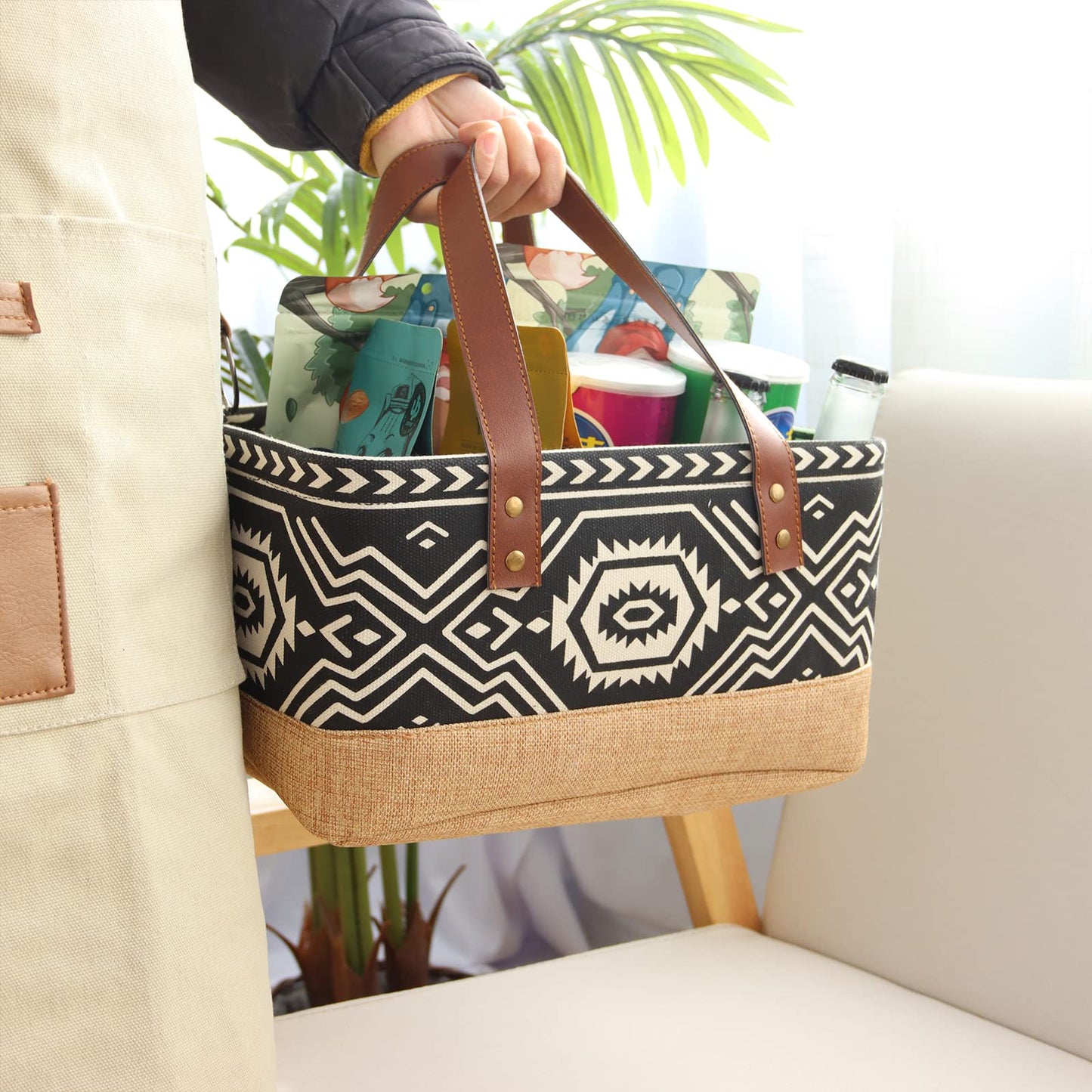 Canvas Tote Bag, Small Rectangular Picnic Basket for Storage Shopping Laundry, Black and White Pattern