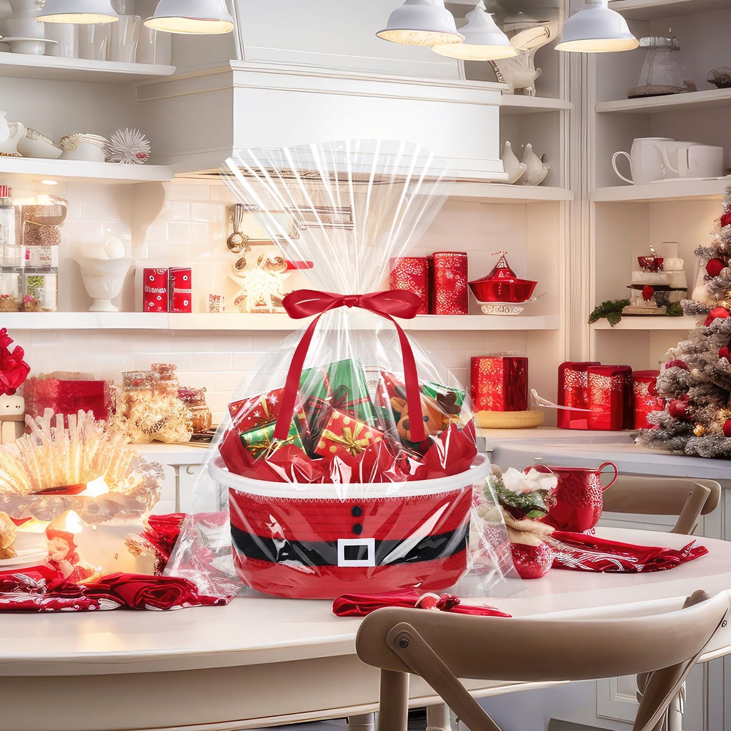 Zopeal Christmas Woven Basket with Gift Bag, Ribbon and Red Tissue Paper Santa Woven Bin Empty Shelf Basket Holiday Decorative for Xmas Gifts, 12 x 8 x 5 inch