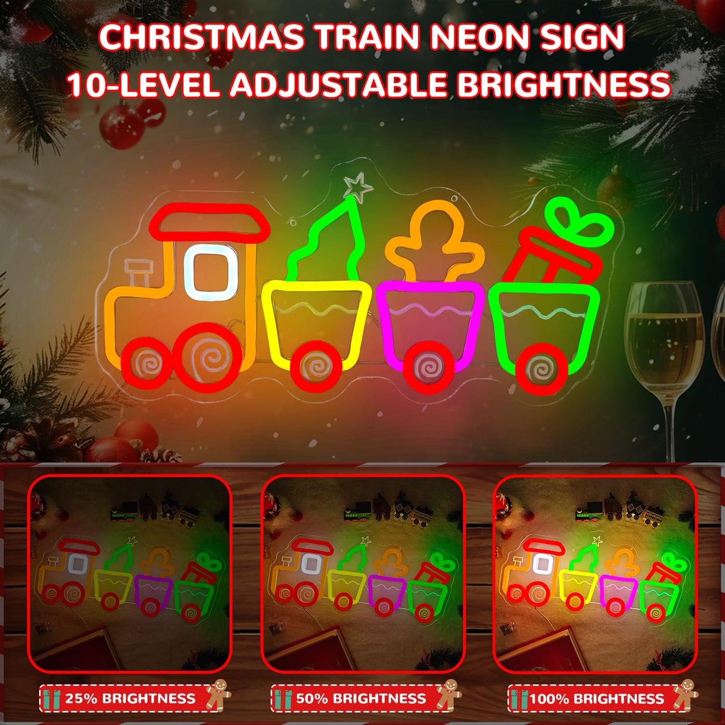 hhuohuona Christmas Train Neon Sign Gingerbread Train Led Sign Neon Christmas Lights Dimmable Light Up Sign Holiday Led Wall Decor for Home Cute Xmas Gift for Kids