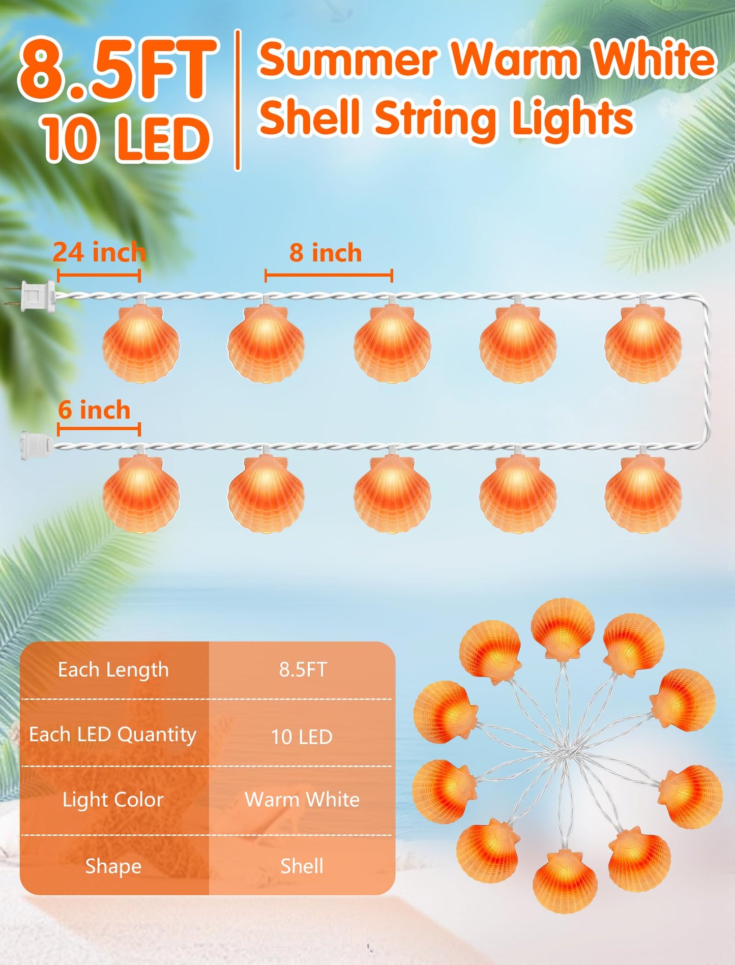SUNSGNE 8.5FT LED Summer Seashell String Lights, 10 Textured Translucent Shell Beach String Lights with White Wire, Connectable Outdoor Indoor Decor for Summer Beach Theme, Pool Party, Ocean Bathroom