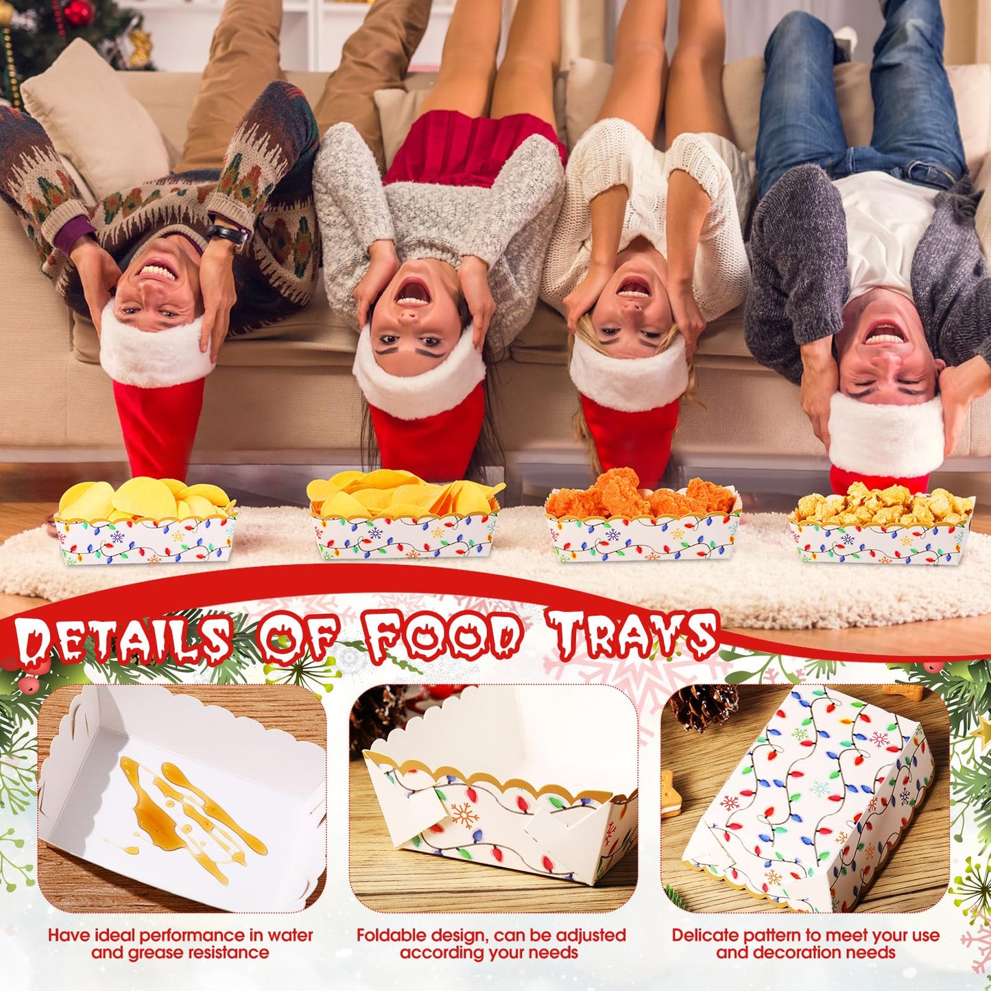 Dunzoom 60 Pcs Christmas Paper Plates Food Trays Plaid Light Nutcracker Gingerbread Christmas Movie Snack Tray Disposable Xmas Paper Boat Bowl for Nacho Popcorn Holiday Party Supplies(Bright)