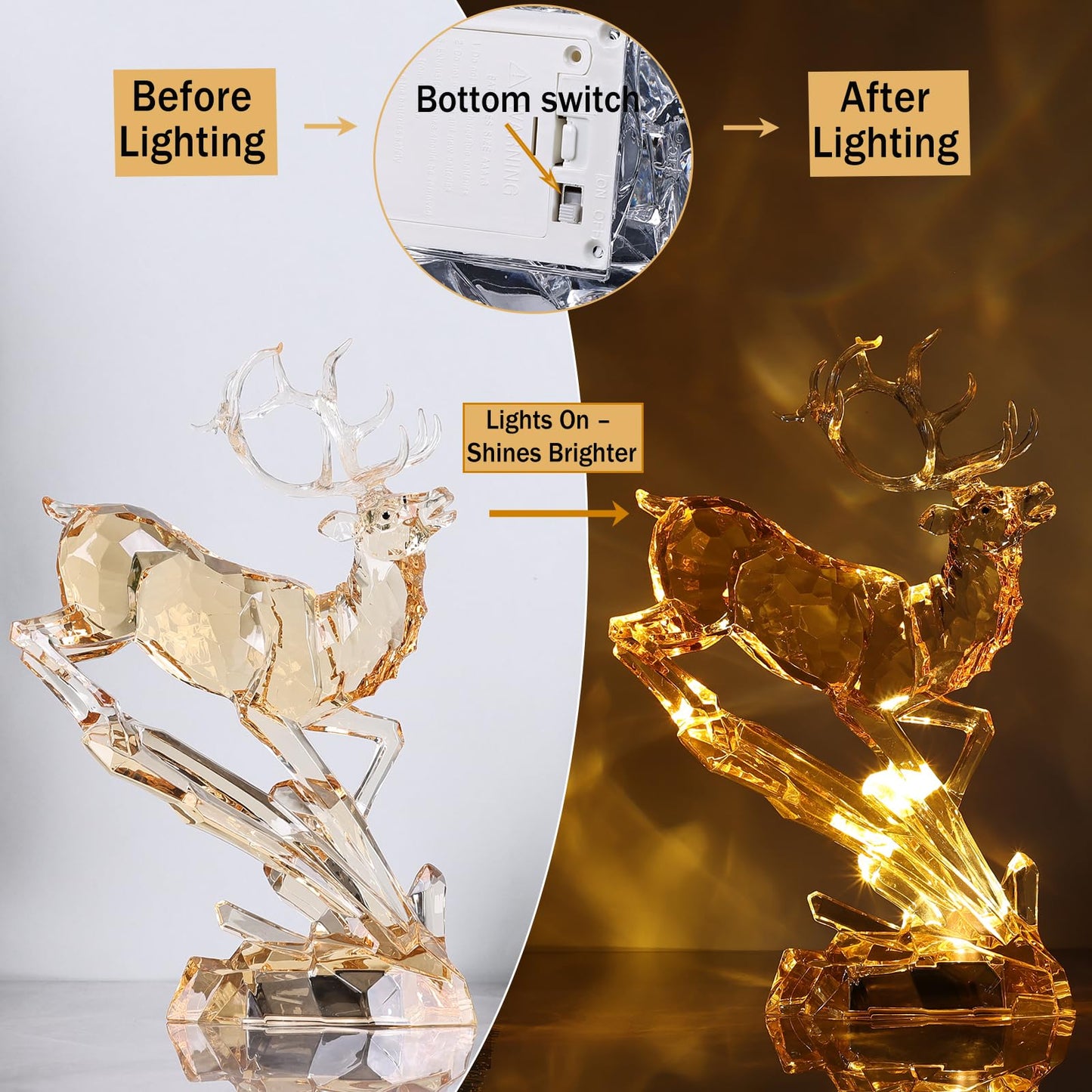 Luxury Acrylic Reindeer Figurine with LED Light for Christmas Decor, Elegant Transparent Crystal-Like Deer Sculpture for Table Shelf Mantel, Reindeer Ornament Holiday Centerpiece (Gold Jumping 11.8")