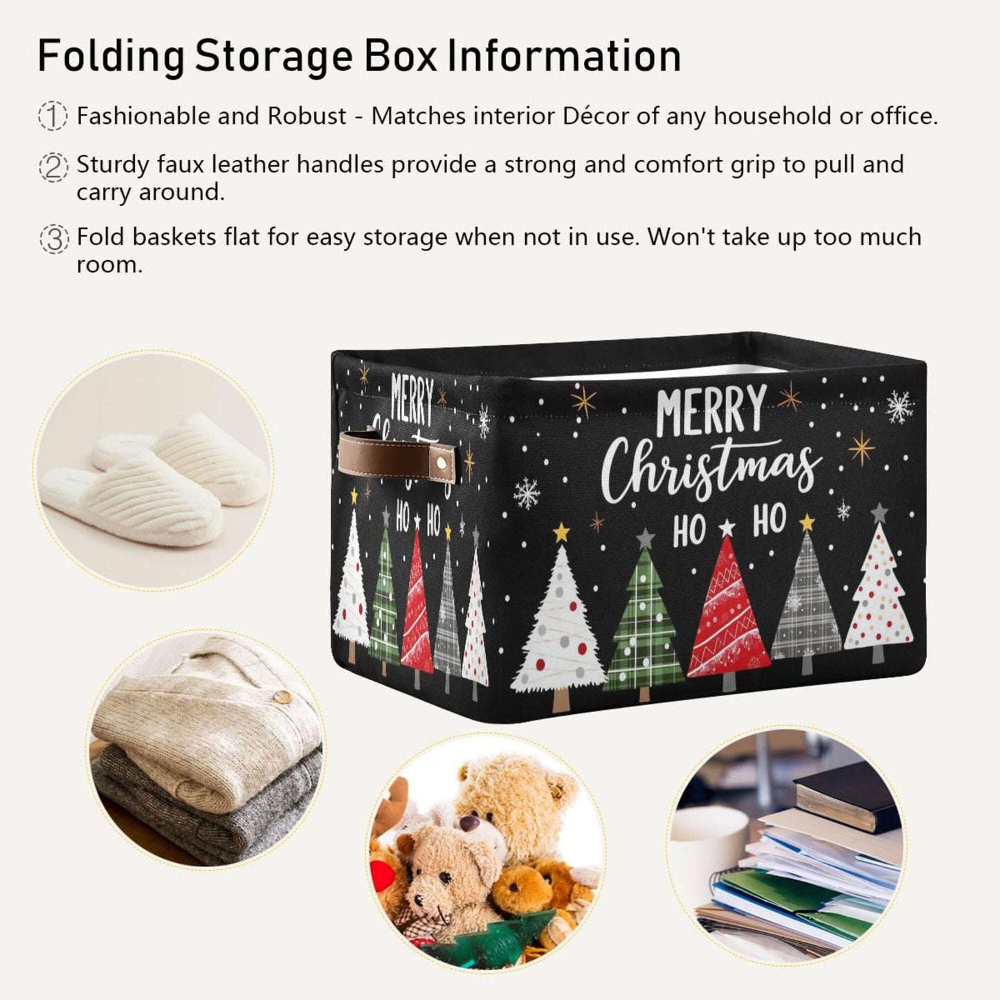 Merry Christmas Tree Black Storage Basket with Waterproof Liner and PU Handles Winter Snowflake Xmas Storage Bins Boxes 14.2" Collapsible Decorative Organizer Baskets for Bedroom Closet Office 1 Pack