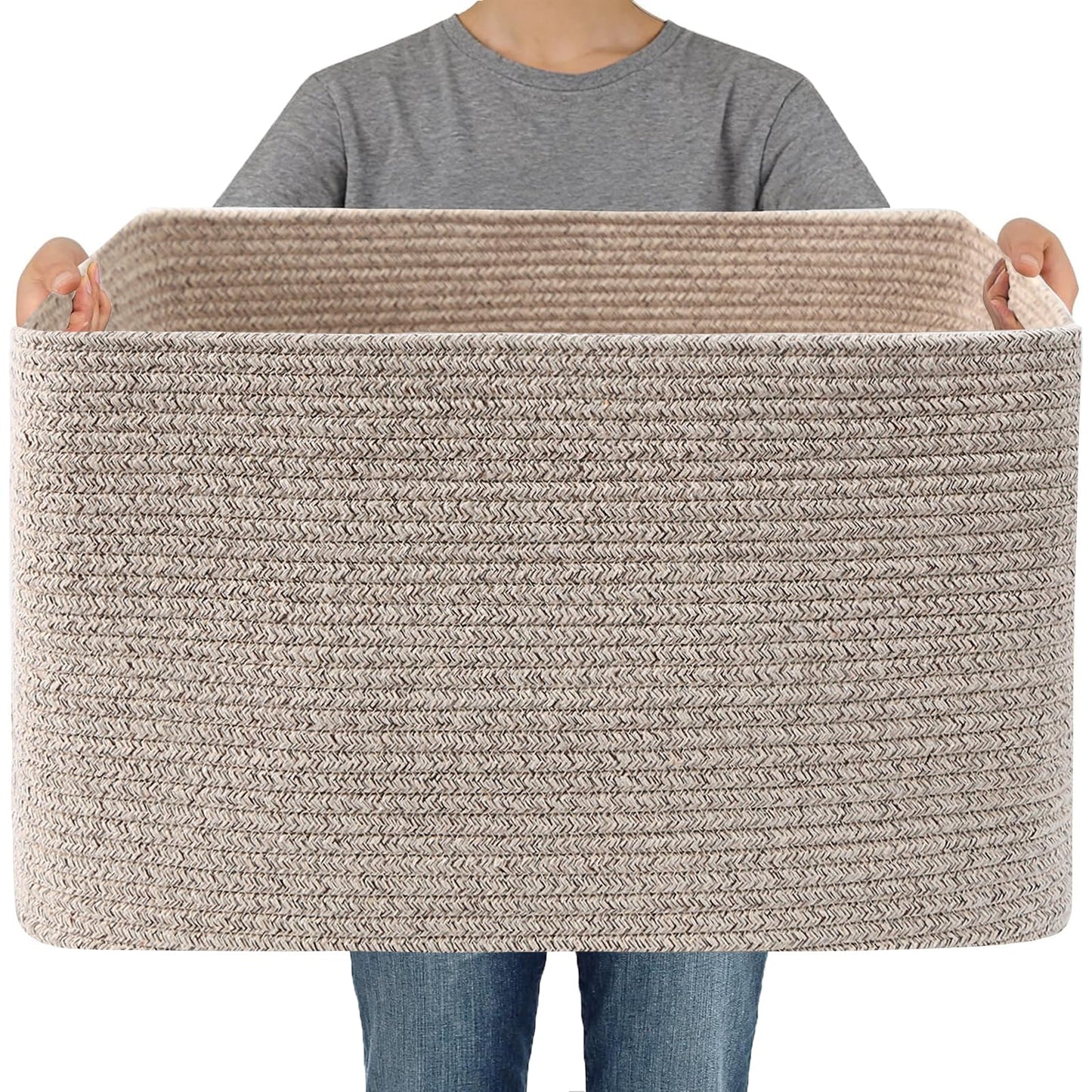 JMvicyroam Woven Blanket Basket,65L Large Storage Bin for Blankets Toys Clothes,Decorative Rope Basket for Living Room Bedroom with Handles, Oatmeal