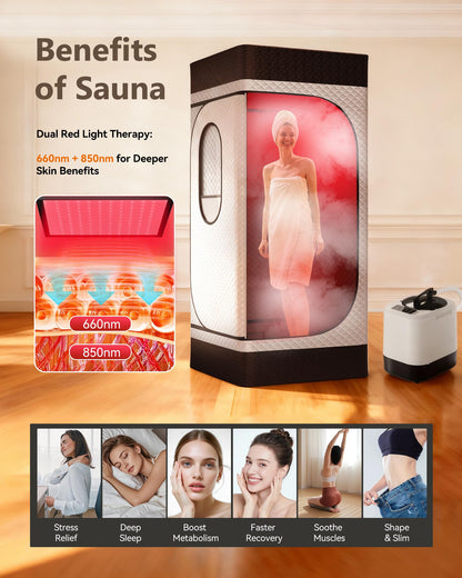 noerishia Portable Infrared Sauna Box for Home, Steam Sauna Tent with 660nm & 850nm Red Light Therapy, 3L 1200W Steamer, Oversized Folding Chair, 9 Heat Levels & 99-Min Timer for Home Spa Relaxation