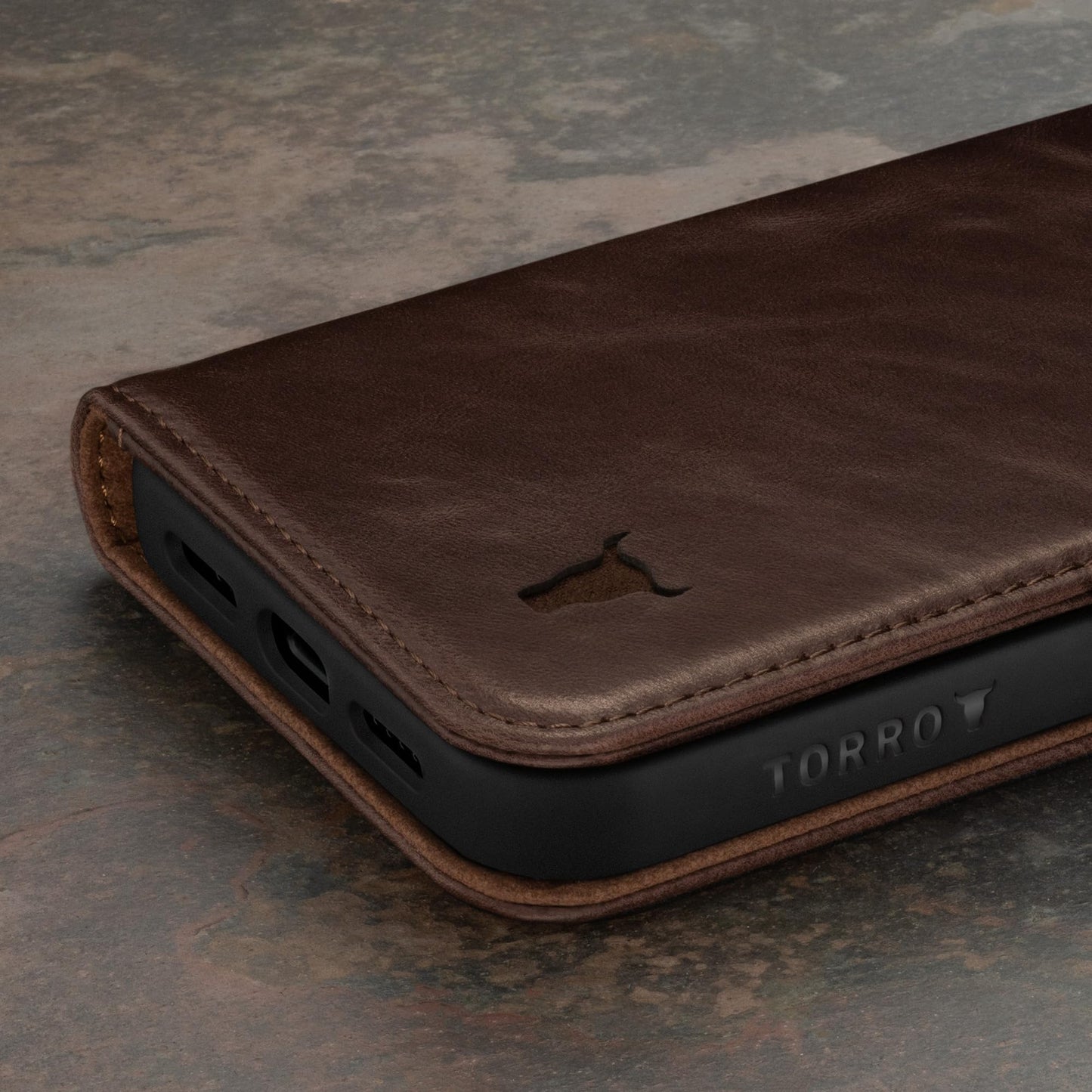 TORRO Premium Leather Case Compatible with iPhone 15 6.1" – Genuine Leather Wallet Flip Folio Case with Kickstand and Card Slots - Dark Brown