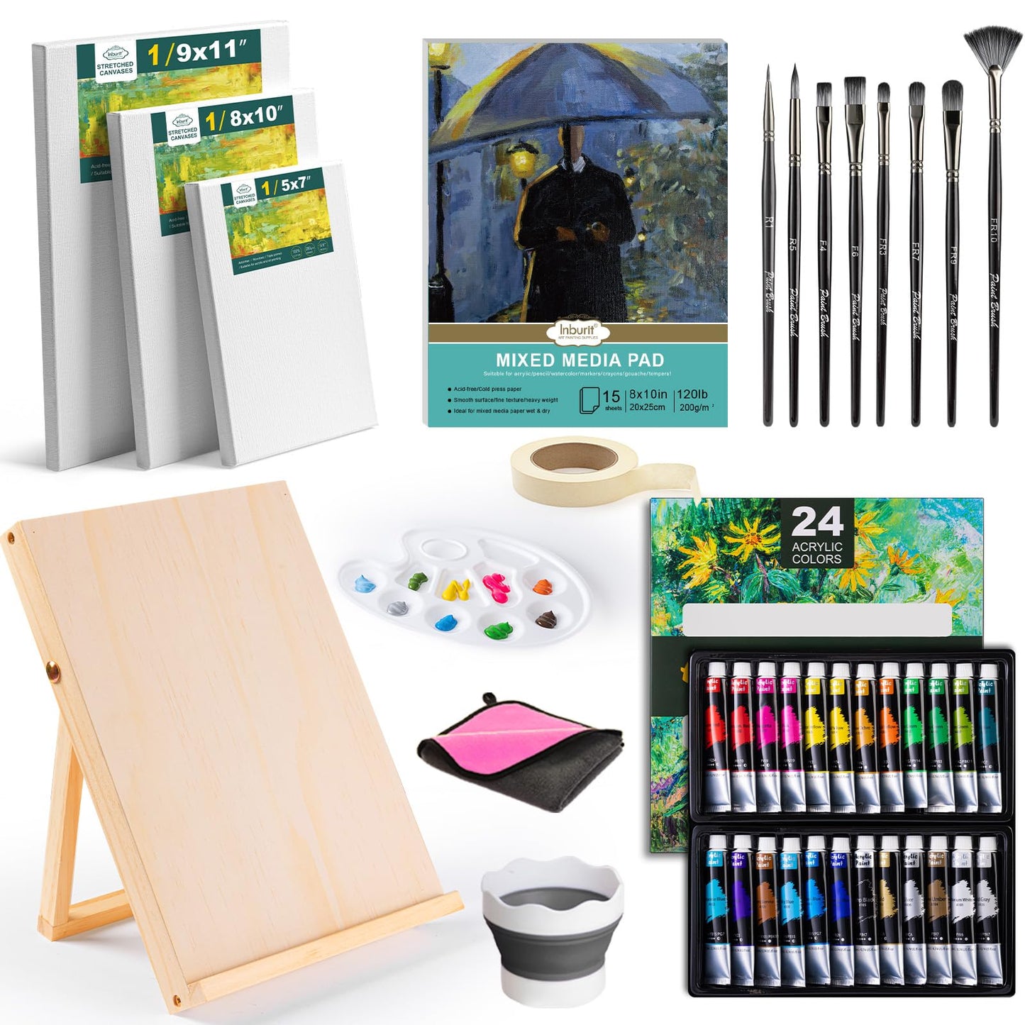 Inburit Acrylic Paint Set, Painting Supplies Kits with 24 Acrylic Paints(22ml), 8 Brushes,1 Wooden Easel,1 Palette etc, Paint Kit for Kids,Adults and Artists