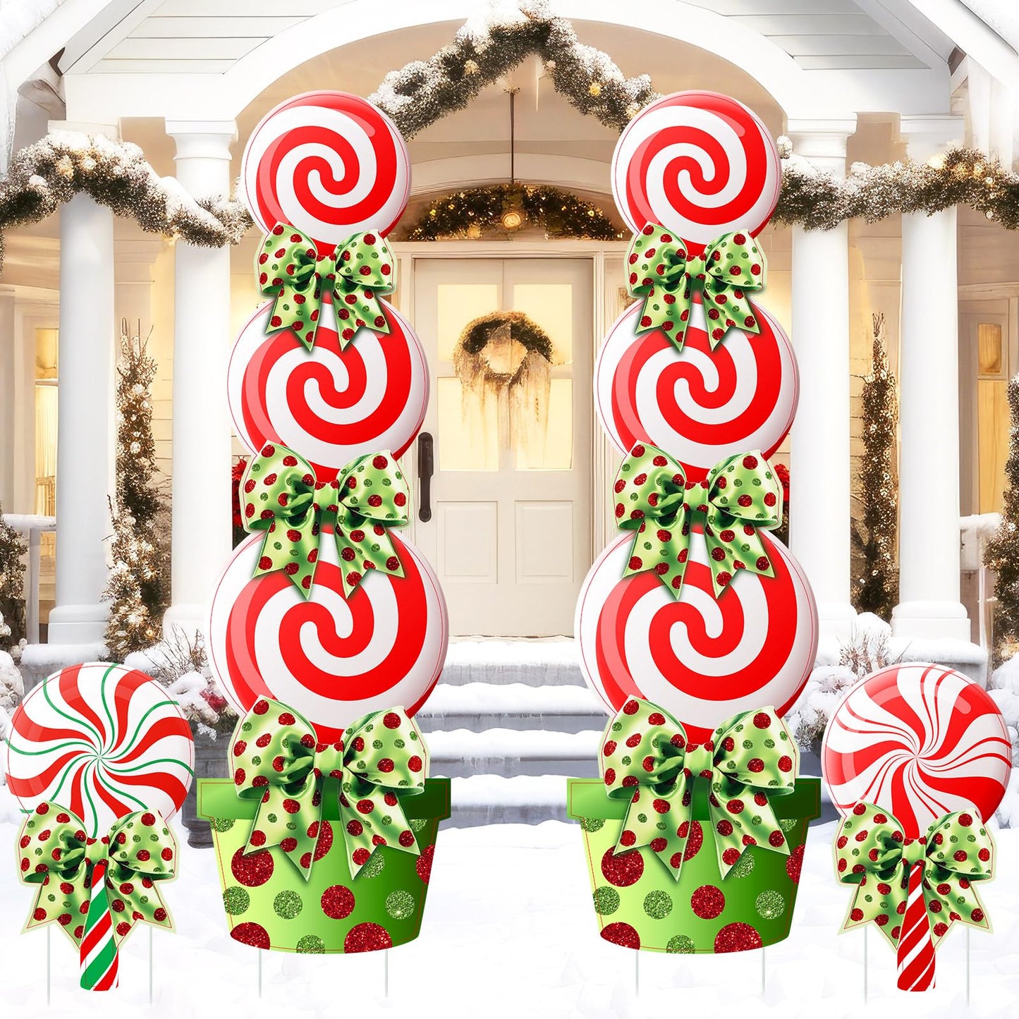 Meonum 4 Pcs Peppermint Candy Christmas Decorations Outdoor Large Christmas Yard Stakes Lime Green and Red Xmas Candy Garden Lawn Signs with Stakes and Bow for Home Pathway Walkway Party Decor(Green)