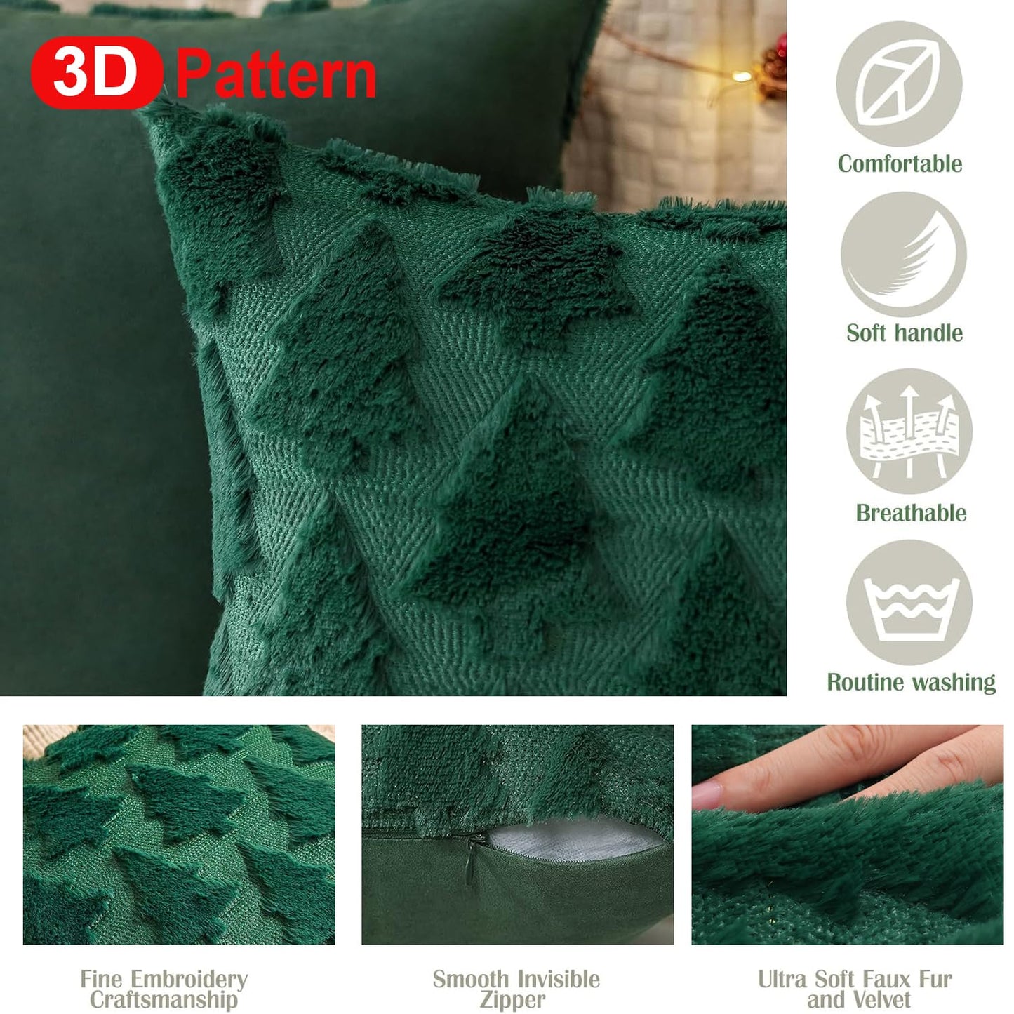 Christmas Pillow Covers 18'' x 18'' Set of 2, Soft Faux Rabbit Fur 3D Embroidery Christmas Tree Throw Pillow Covers for Holiday Christmas Decor Sofa, Couch, Skin-Friendly, Invisible Zipper