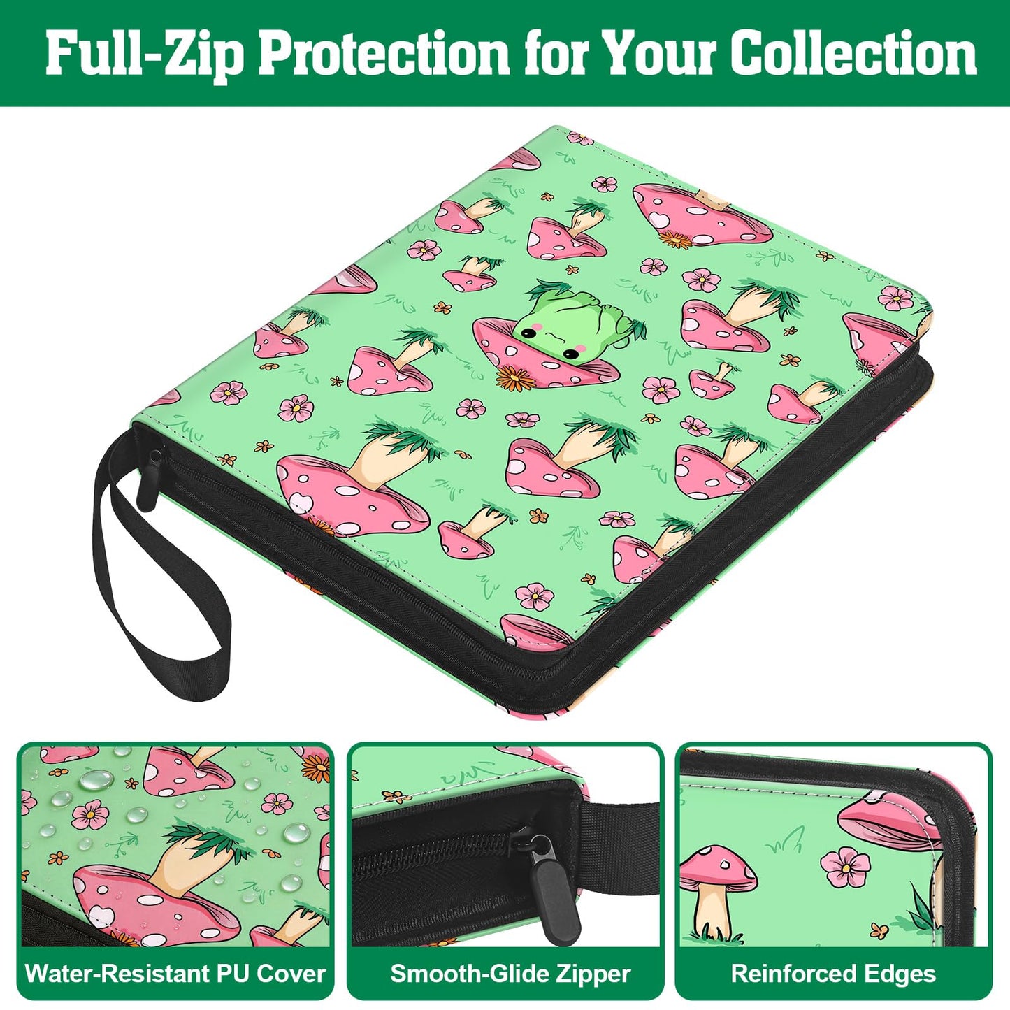 UGYAZX Cute Frog & Mushroom 9-Pocket Trading Card Binder Album, 900 Card Zipper Binder with 50 Removable Sleeves, Refillable 3-Ring Card Book for MTG, TCG and Sports Cards, Fits 2.5" x 3.5" Cards