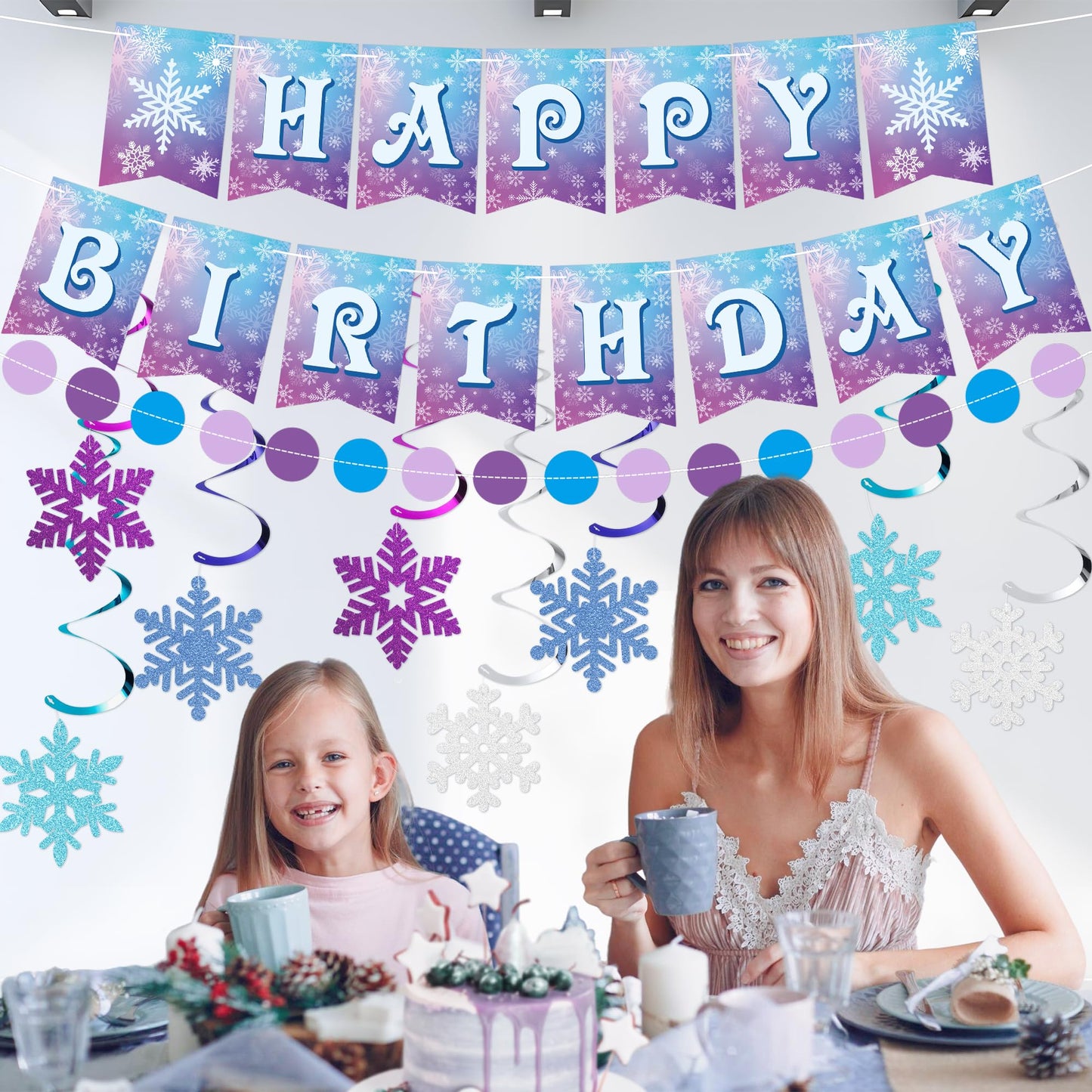 Frozen Birthday Party Decorations Happy Birthday Banner Honeycomb Balls Snowflake Hanging Swirls Streamers Circle Garland Decoration Winter Holiday Party Decorations for Christmas