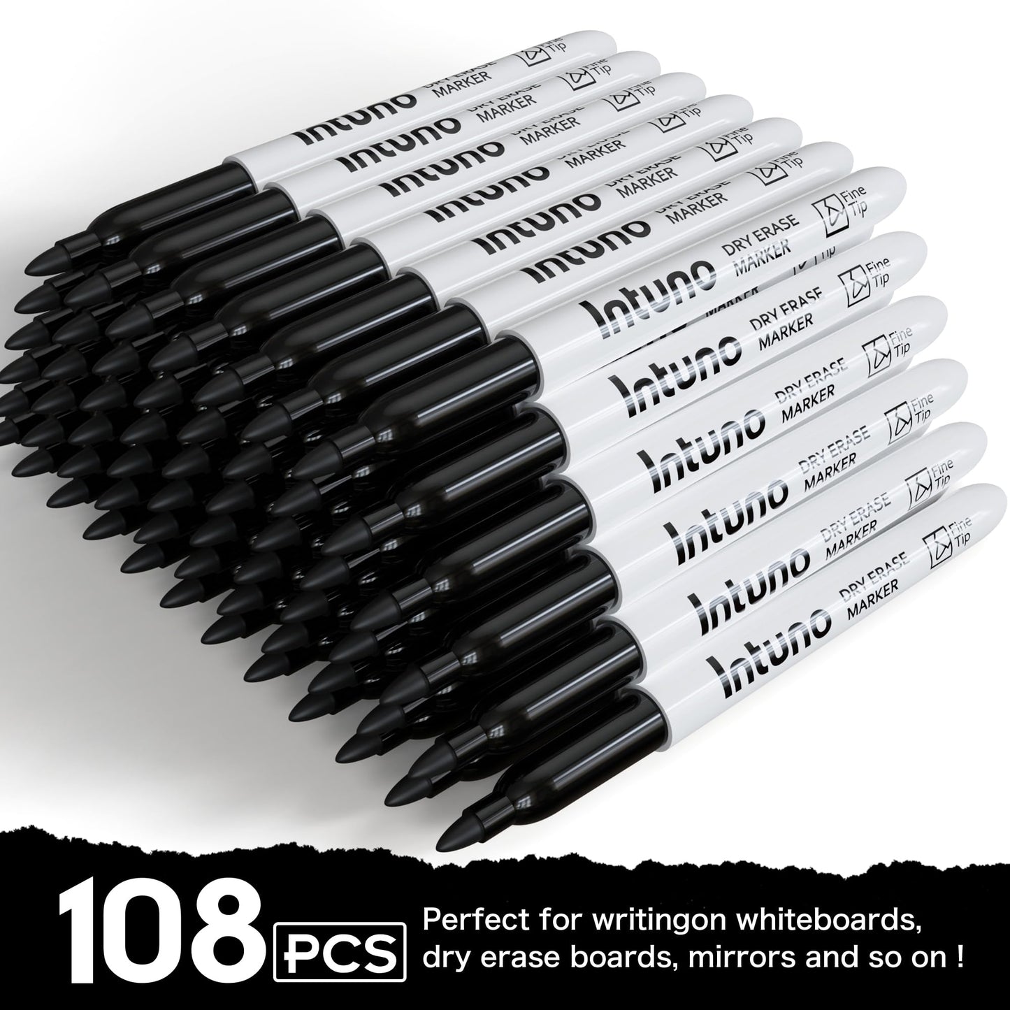 INTUNO Dry Erase Markers, 108 Count Black, Fine tip, Low-Odor, Perfect for Office, Teaching, Meeting, Presentation, Classroom, Home