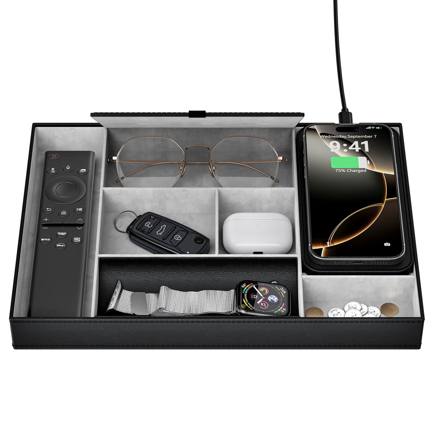 Leather Valet Tray with Wireless Charging Pad - Luxury EDC Nightstand Organizer for Men - Premium Desk Tray for Phone, Watch, Glasses & Keys - Sleek Office Desk Accessories & Gift for Him (Black)