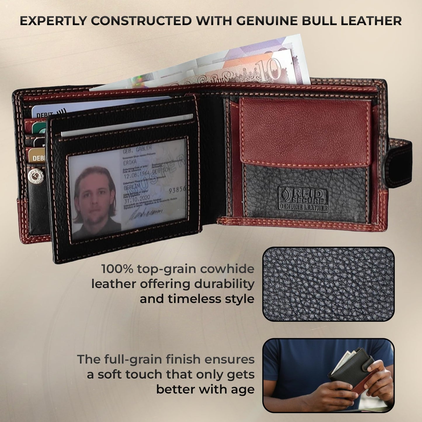 MORUCHA RFID Blocking Genuine Leather Wallet for Men – Slim Bifold Bull Leather Wallet with Coin Pocket, ID Window, 8 Card Slots – Premium Black/Brown Luxury Gift Box (Model #M75)
