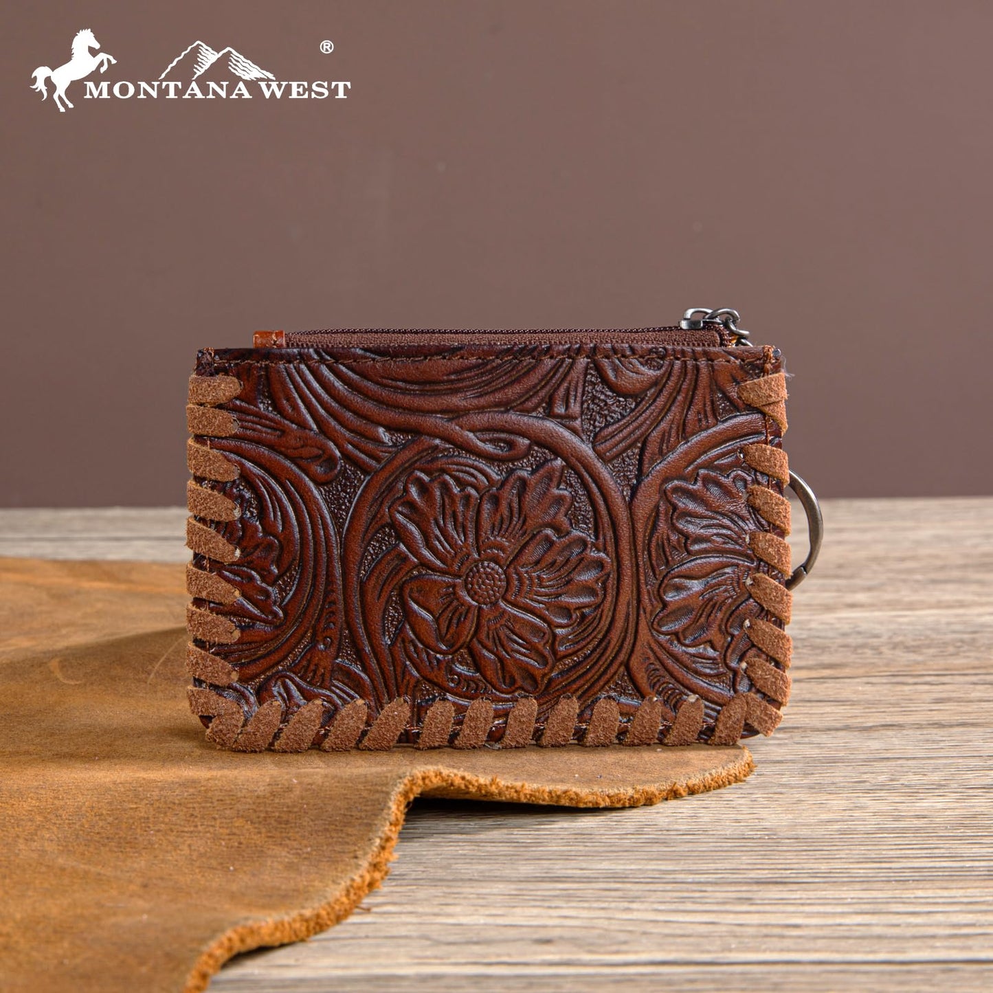 Montana West × Wrangler Leather Change Wallet with Keychain for Men Women Small Coin Pouch Western Design, Brown