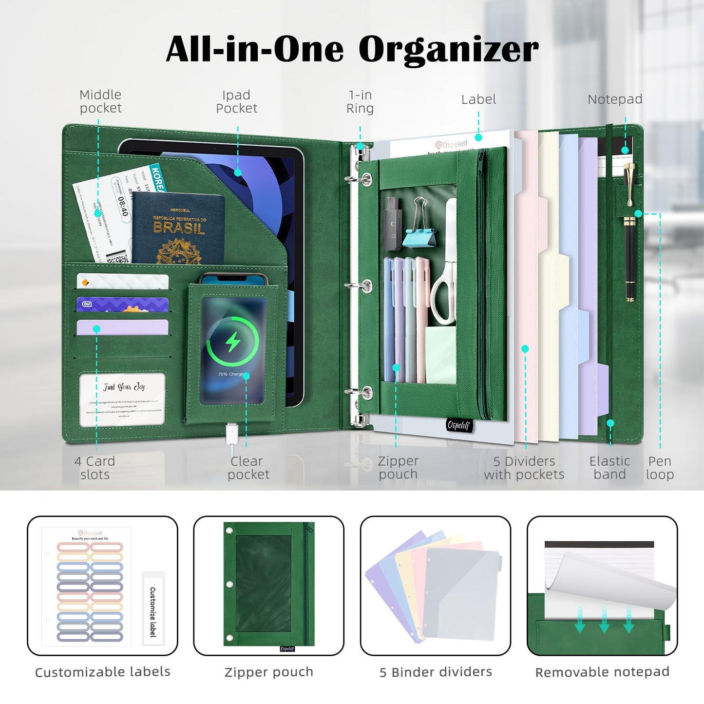Ospelelf Green Leather 3 Ring Binder 1 Inch Round Ring, Magnetic Clipboard Folio with Storage Zipper Pouch, 5 Dividers with 10 Pockets, Professional Binder for School Office Nursing