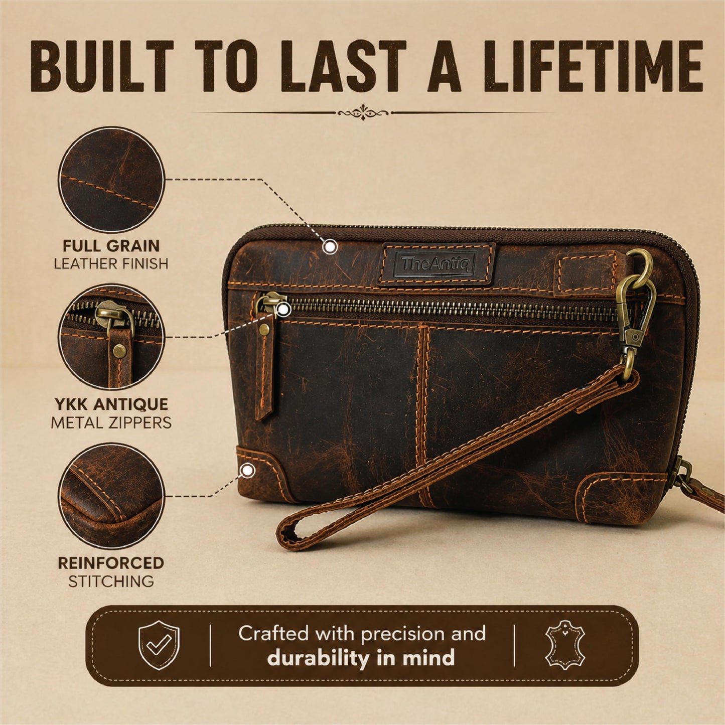 TheAntiq Genuine Leather Makeup Bag Travel Organizer, Premium Handcrafted Cosmetic Pouch with Zipper & Wrist Strap, Durable Toiletry Storage for Women & Men, 5 x 9- Brown