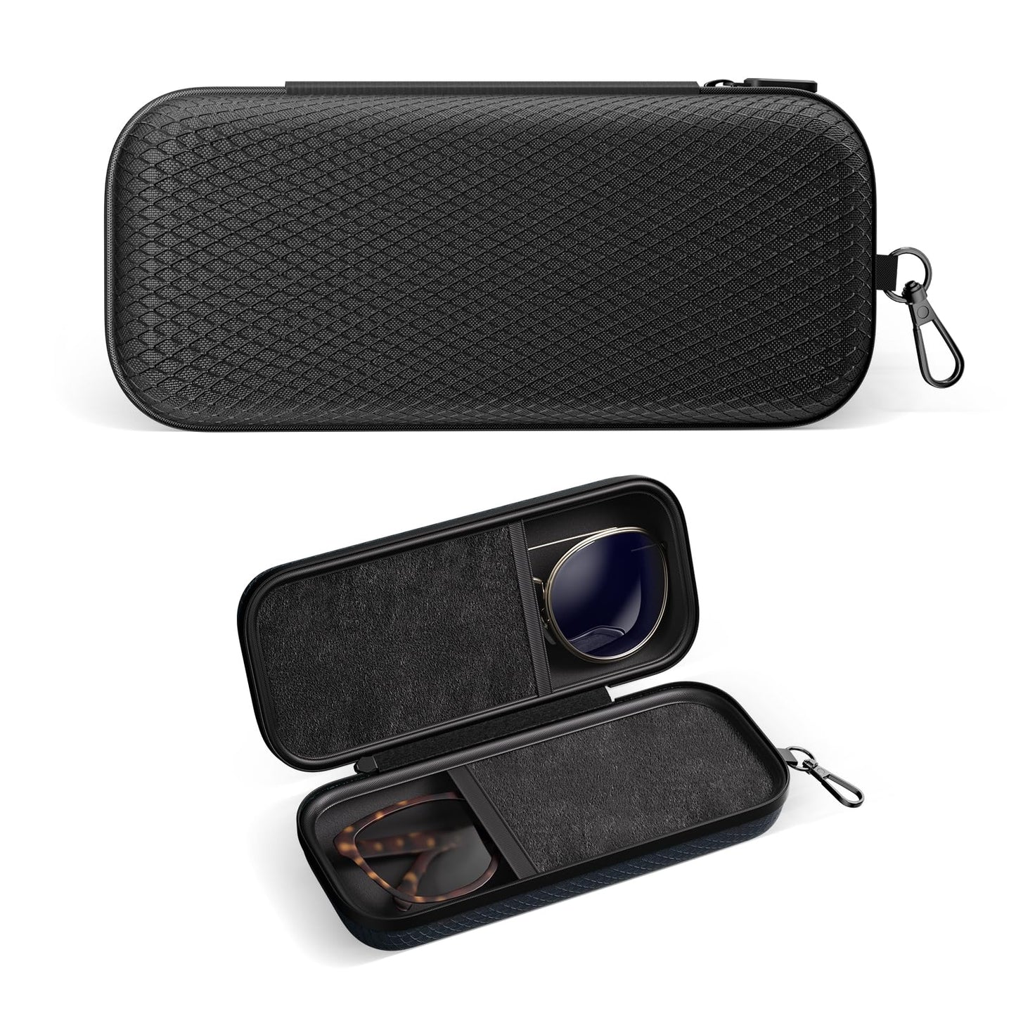 LUREMADE Double Oversized Eyeglasses Case Dual Sunglasses Case Hard Shell Glasses Case with Clip Metal Carabiner Travel, Black