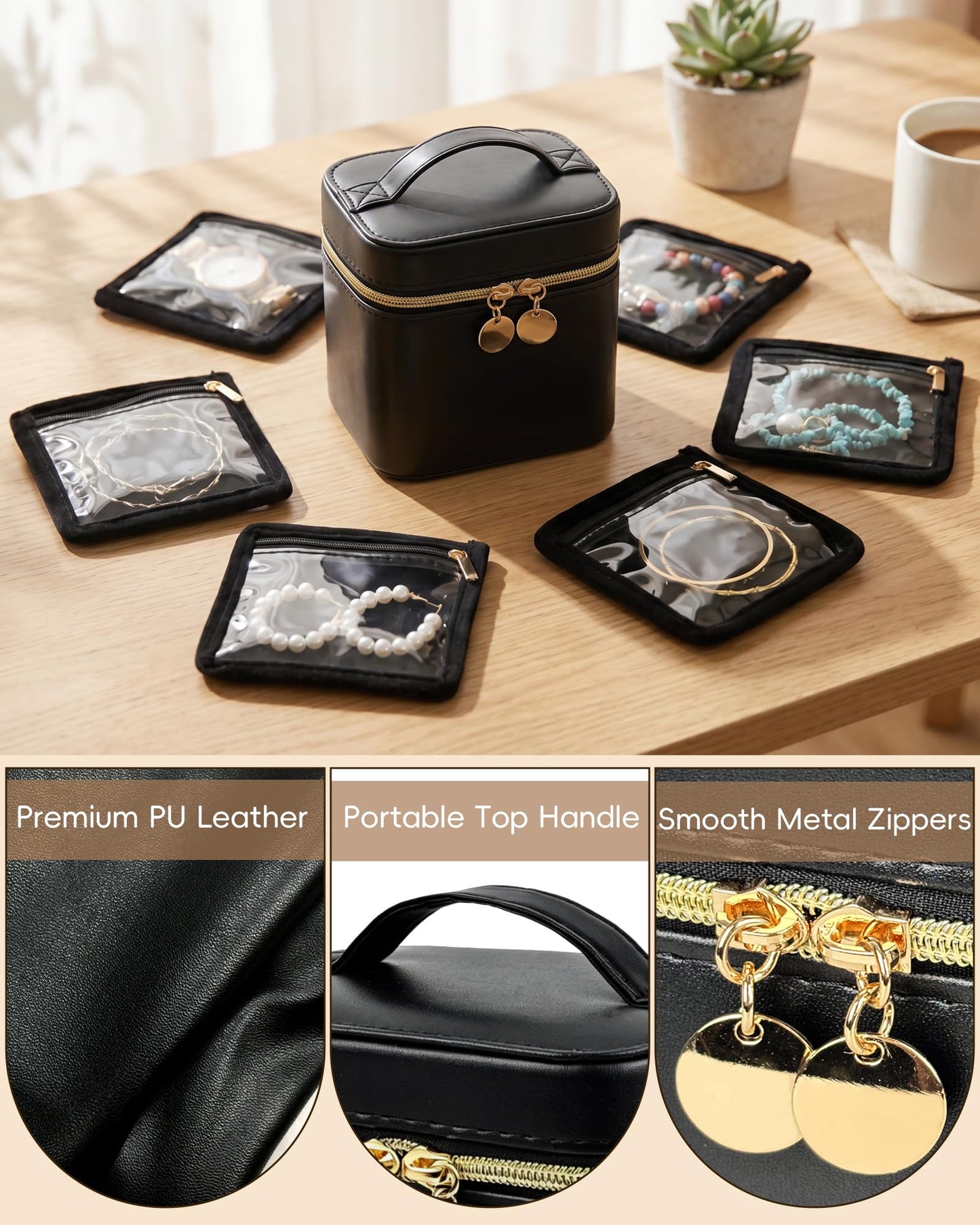 LingLingo Travel Jewelry Organizer, PU Leather Small Hard-shell Jewelry Box with 6 Velvet Pouches for Earrings Rings Necklace Bracelet Watch, Compact Jewelry Travel Case for Women Gift