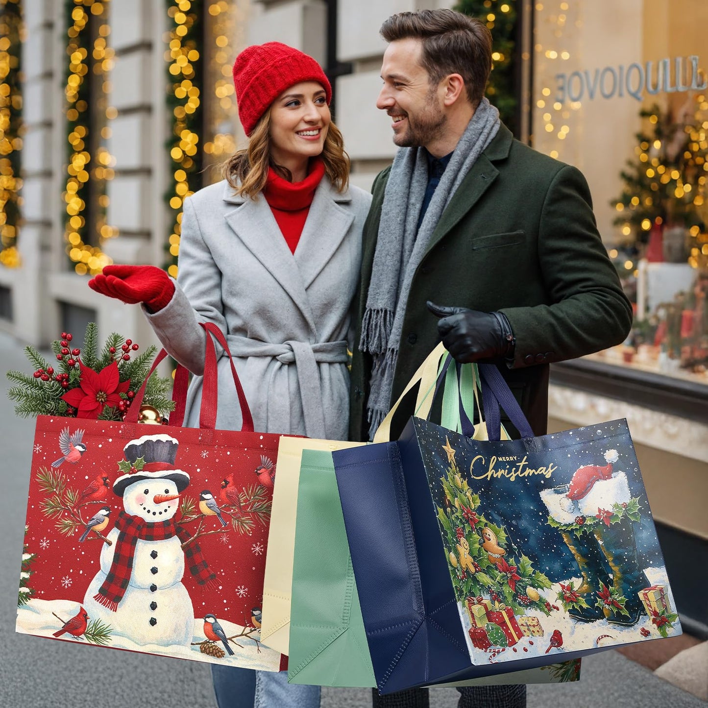 YANGTE 12 Pack Extra Large Christmas Gift Bags with Handles, Reusable Non-Woven Christmas Bags for Presents Wrapping Holiday Xmas Party Favors Supplies(16.7" x 12.6" x 6.7")