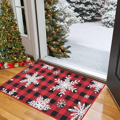 CAROMIO Christmas Doormat Holiday Xmas Buffalo Plaid Door Mat Winter Christmas Snowflakes Checkered Welcome Mat Outdoor Indoor Non Slip Decorative Entrance Floor Mat for Front Porch, 17x29 Inch