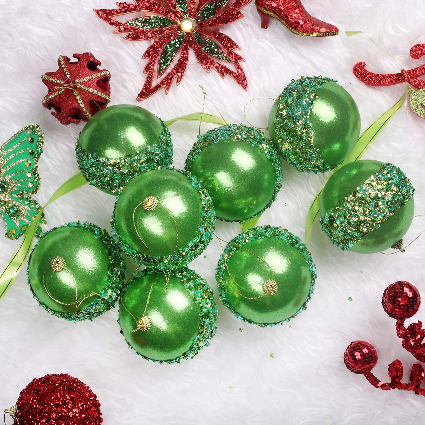 ZHANYIGY 4pc Green Christmas Ball Ornaments, 4pc Set Red Shatterproof Christmas Decorations Tree Balls for Xmas Trees Wedding Party Holiday Decorations