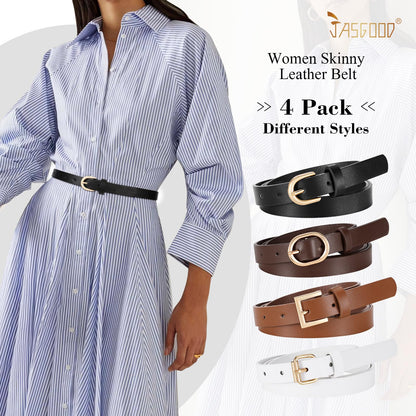 JASGOOD 4 Pack Women Skinny Leather Belt for Dresses with Gold Buckle Ladies Thin Waist Belt for Jeans Pants，Black+Brown+White+Coffee