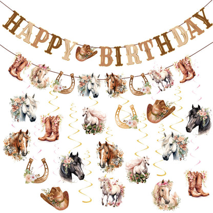 OBBOLO Horse Birthday Decorations for Girls, Brown and Pink Horse Cowgirl Party Decorations with Cowgirl Hanging Swirls, Happy Birthday Banners, Western Party for Women