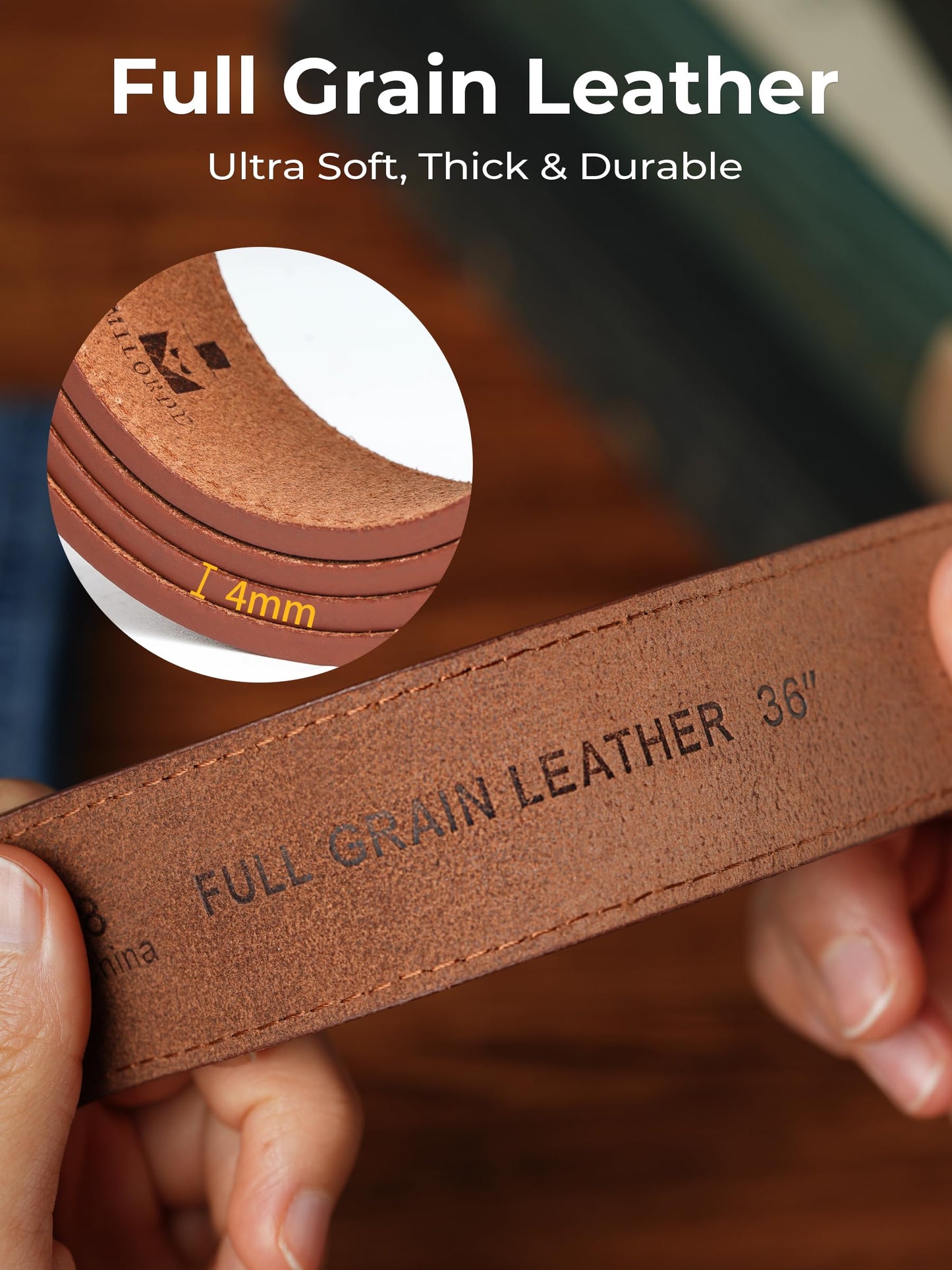 MILORDE Full Grain Leather Belt for Men, Work Belts for Men Heavy Duty, Daily Wear for Jeans Pants (Reddish Brown 209, 40)