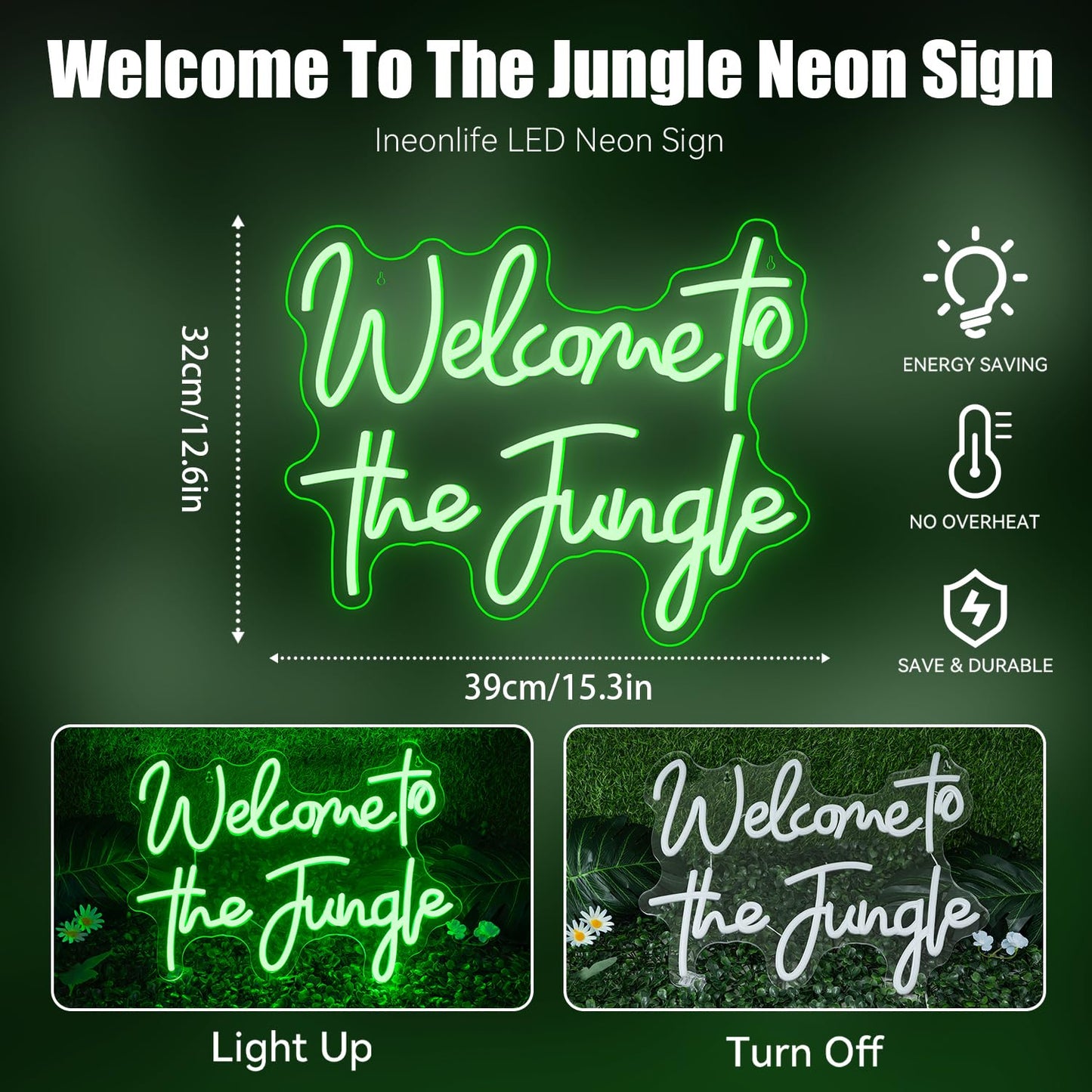 ineonlife Welcome to the Jungle Neon Sign Green Letter LED Neon Lights for Bedroom Wall Love Oh Baby for Room Decor Bar Party Wedding Engagement Wall Hanging Decor USB Powered Green USB Powerd 15.3x12.6in