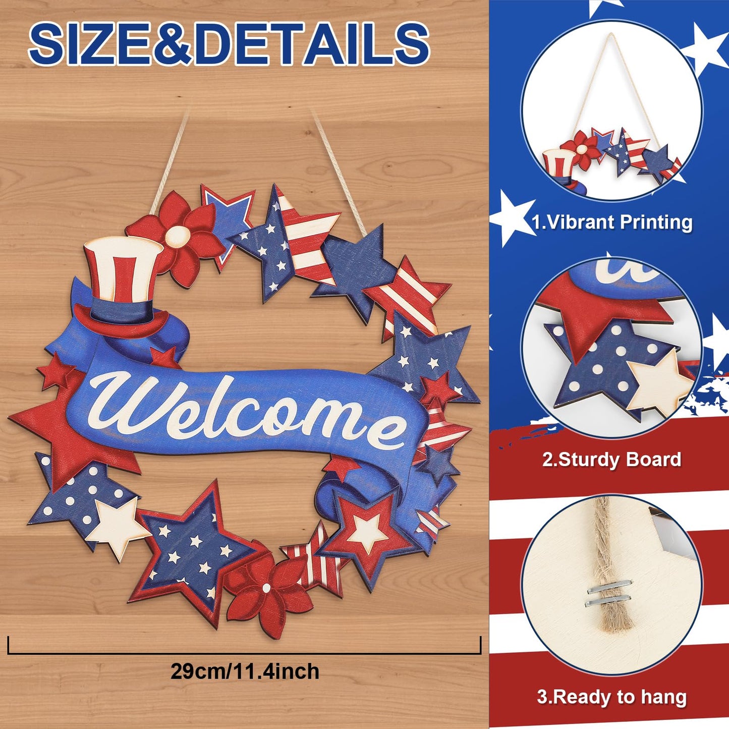 4th of July Decorations Wooden Welcome Sign, Wooden American Flag Star Wreath, Outdoor Wall Hanging for Front Porch, Veterans Day Home Decor (4th of July)