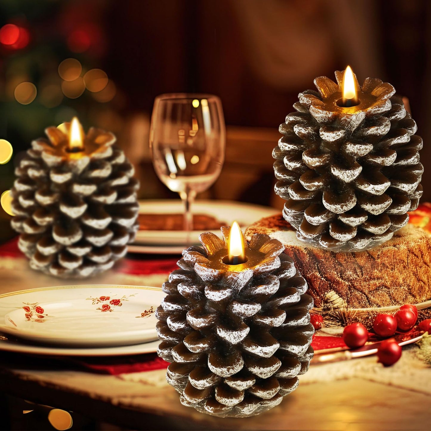 Baquler 3 Pcs LED Pine Cone Candles, Battery Operated, Flameless, Real Wax Pine Cone Candles with LED Flickering for Christmas Party Decoration
