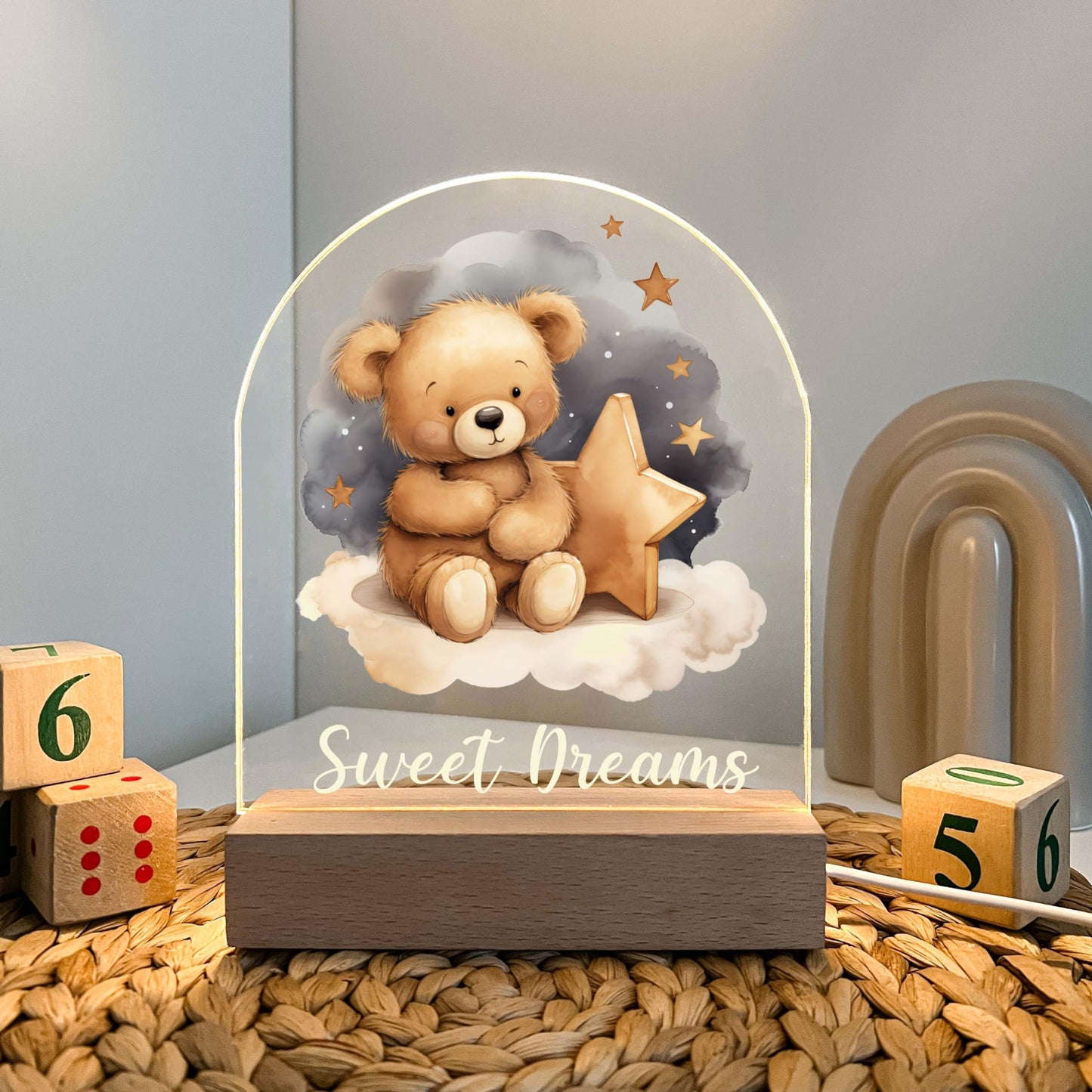 Teddy Bear Frame Night Light Up Table Wood Base LED Desk Stand Plaque Nursery Decor Sweet Dreams Night Light Kids Baby Toddler Children Cute Bear Lamp Custom Christmas/Birthday Gift - Made in America