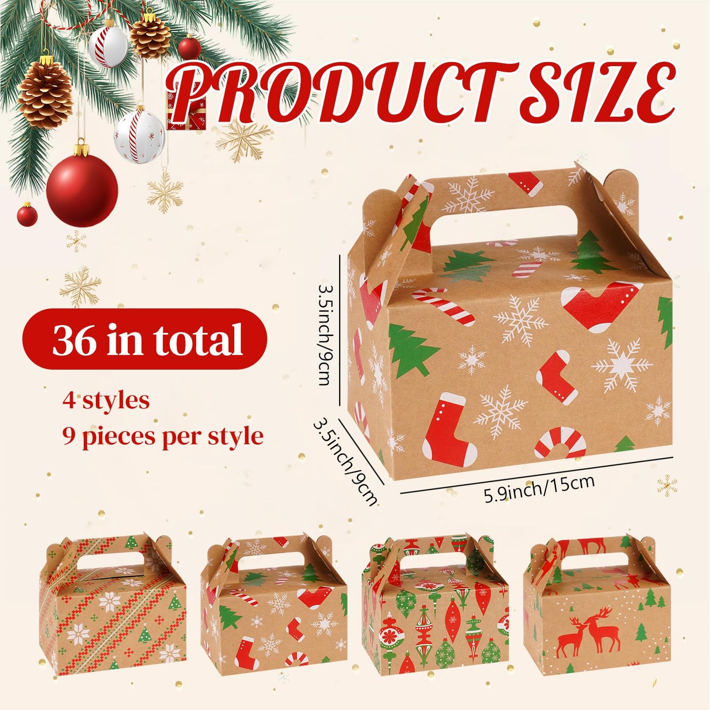 Fuyoooo 36 Pcs Christmas Gift Treat Boxes Xmas Kraft Boxes Holiday Cookies Goodie Candy Box with Handles Red Green Paper Container for Xmas Birthday Party Supplies