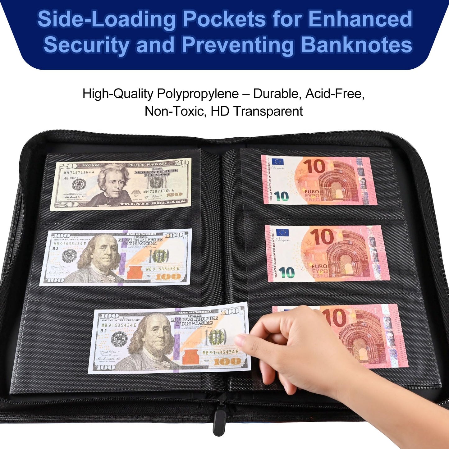 Cash Album with 180 Pockets – WITHYU Ringless Banknote Collection Album with Clear Non-PVC Sleeves for Storing Banknotes, Bills, Tickets, and Collectibles (Deep Blue)